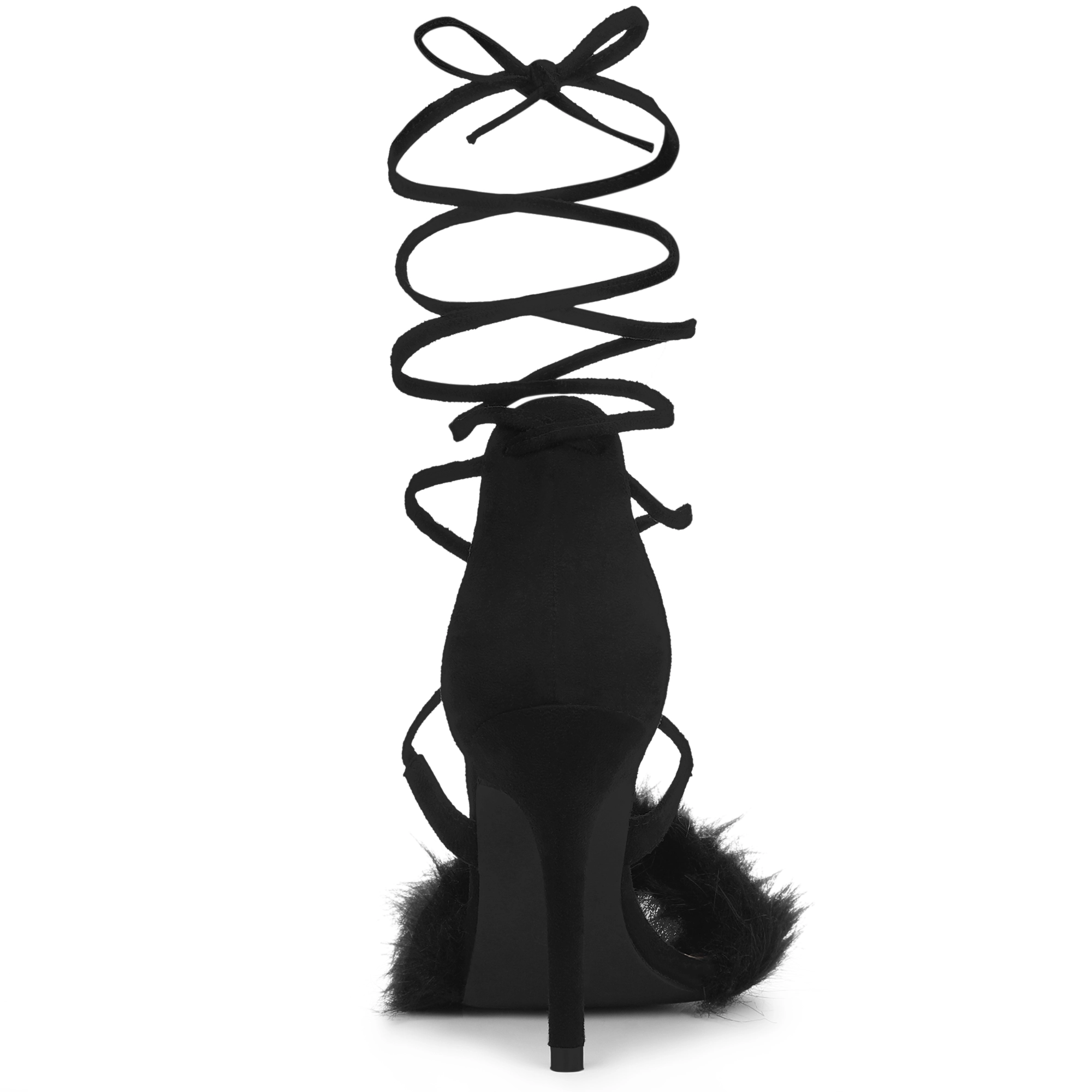 BLISSFUL STEP Women's Faux Fur Lace Up Stiletto Heel Ankle Wrap Tie Sandals