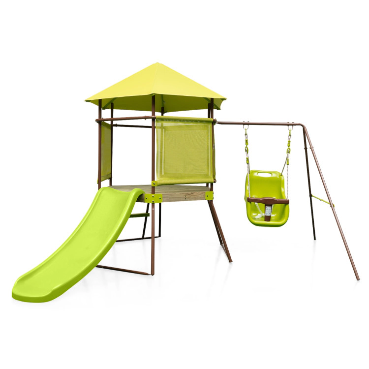Hivvago 4-in-1 Swing Set with Covered Playhouse Fort and Height Adjustable Baby Seat