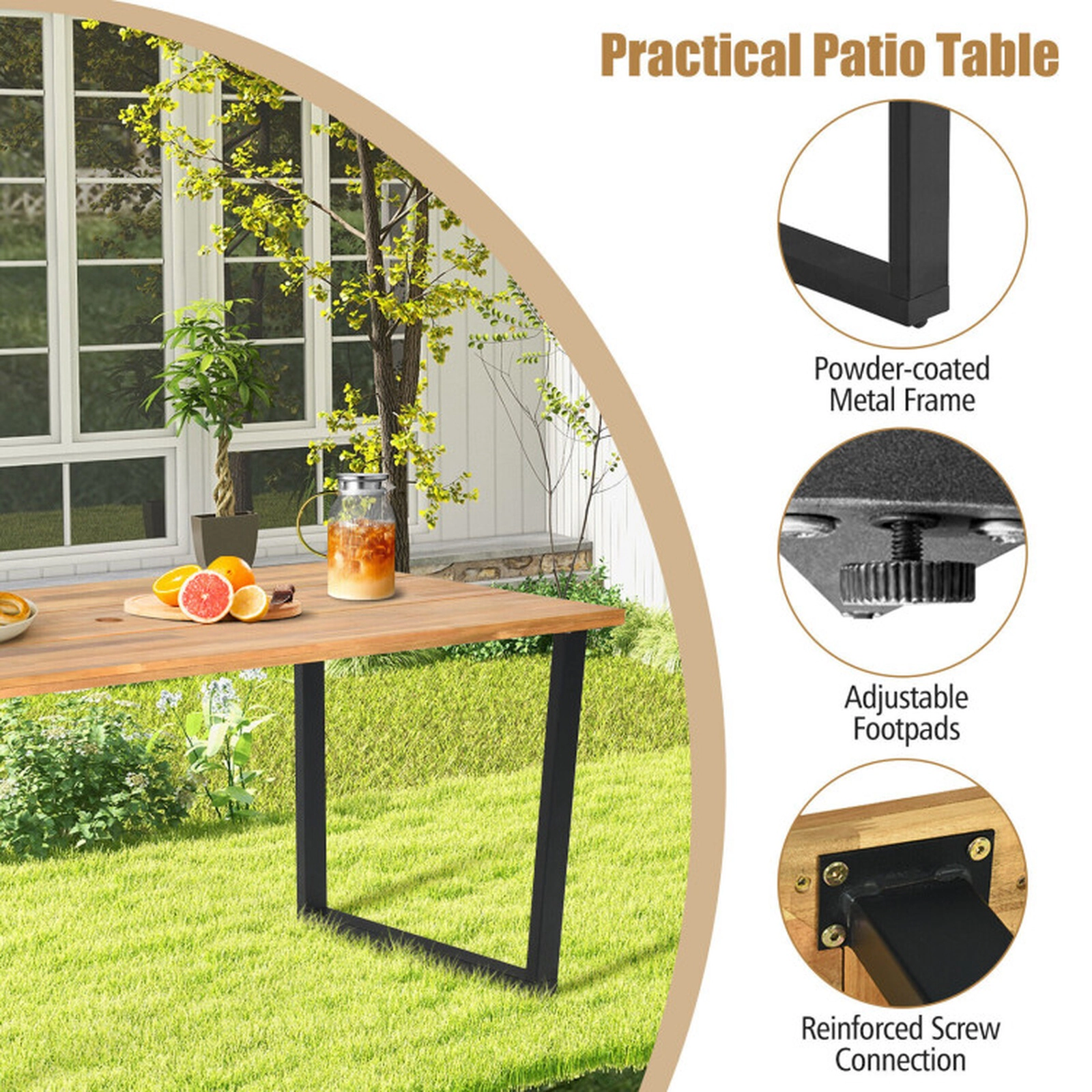 SUGIFT 6-Person Acacia Wood Metal Frame 2-in Umbrella Hole Outdoor Dining Table 69-in x 32-in 350-lb Capacity Natural