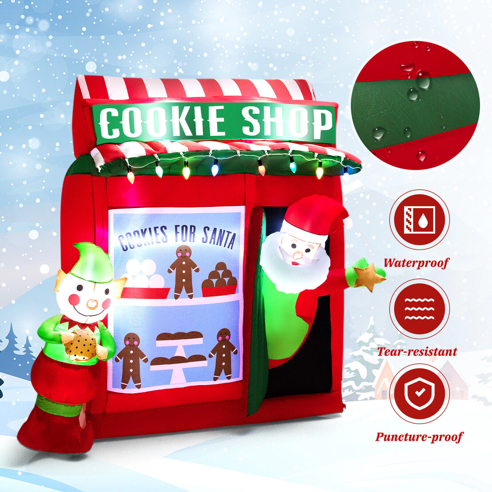 Glintex 6.3-Ft Inflatable Gingerbread Cookie Shop with String and LED Lights, Red