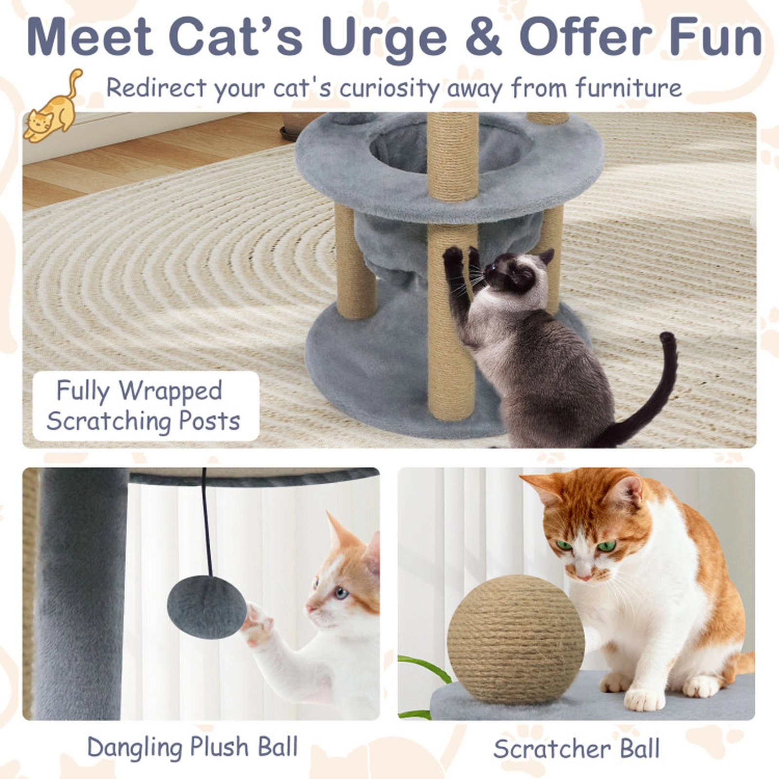 SUGIFT Gray 47 in Tall Cat Tower with Cat Nest Basket and Jute Scratching Posts