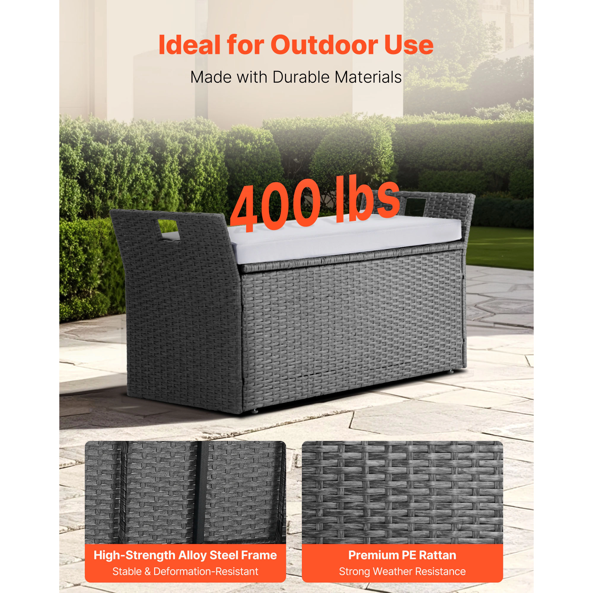 HONGGE Outdoor Storage Bench 2-Person PE Rattan Storage Bench Deck Box with Cushion Supports Weatherproof Outdoor