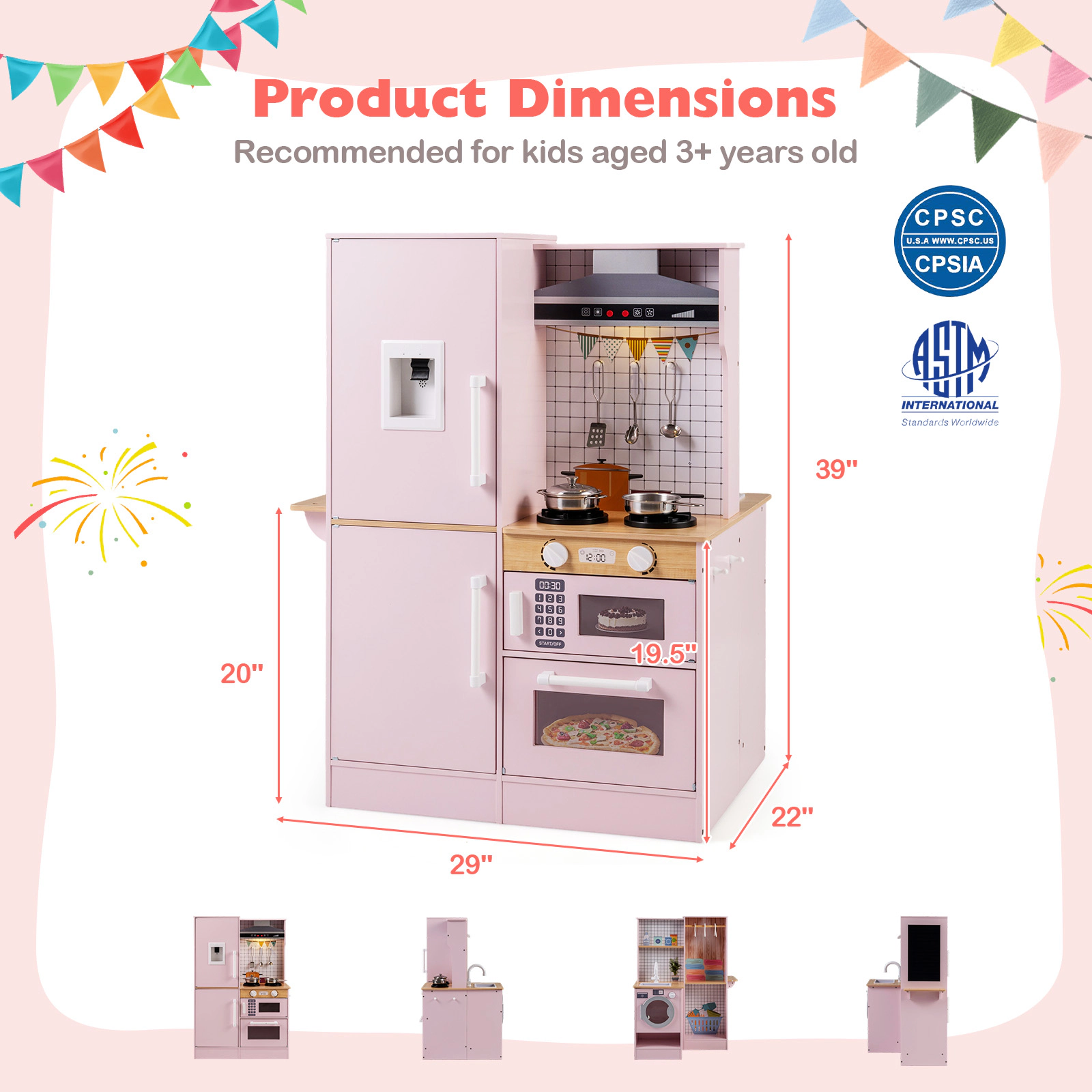 SUGIFT Dual-Sided Kids Play Kitchen with Water Dispenser and Range Hood Ages 3+ White/Pink