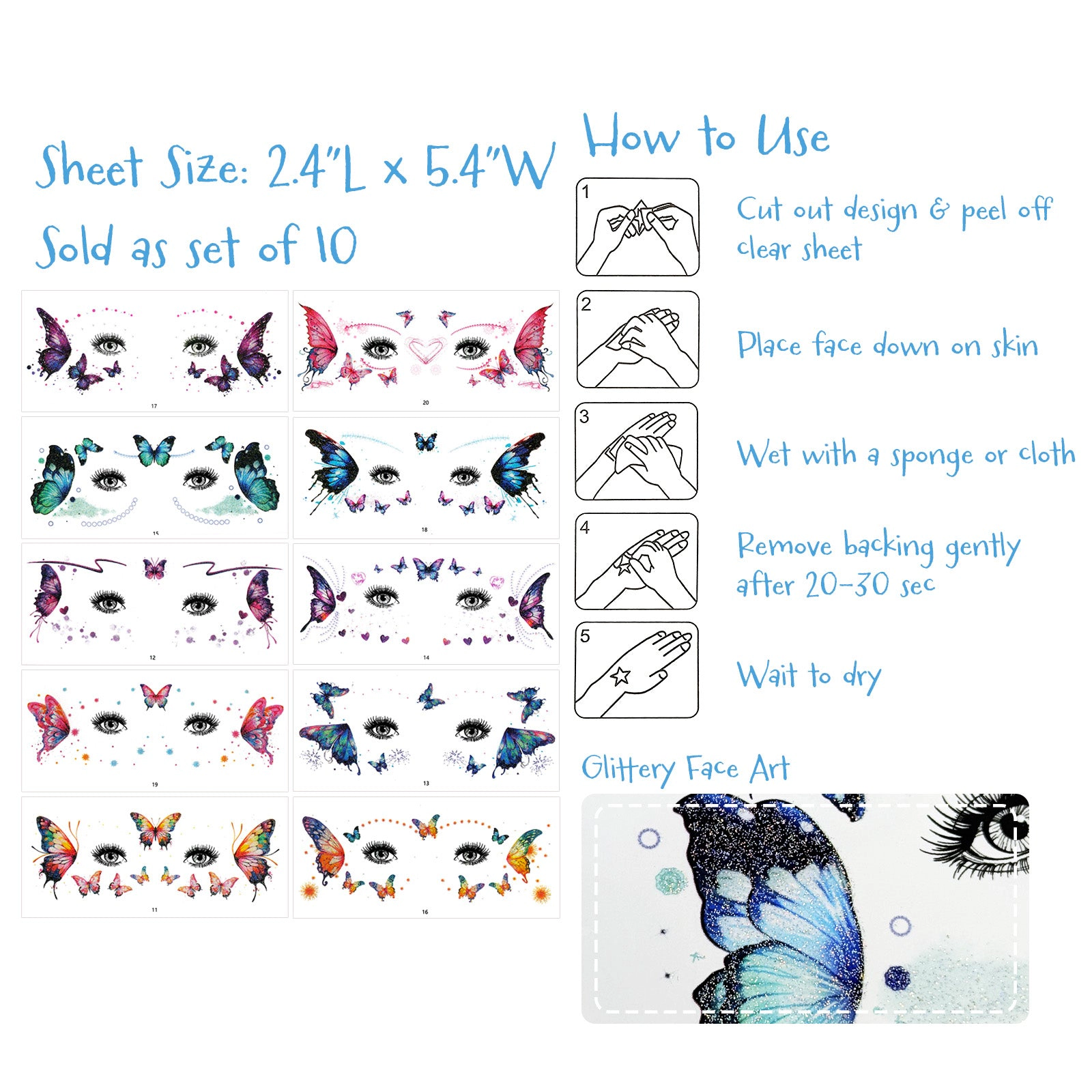 Wrapables Waterproof Glitter Butterfly Temporary Face Tattoos for Women, Eye and Facial Makeup (10 Sheets)