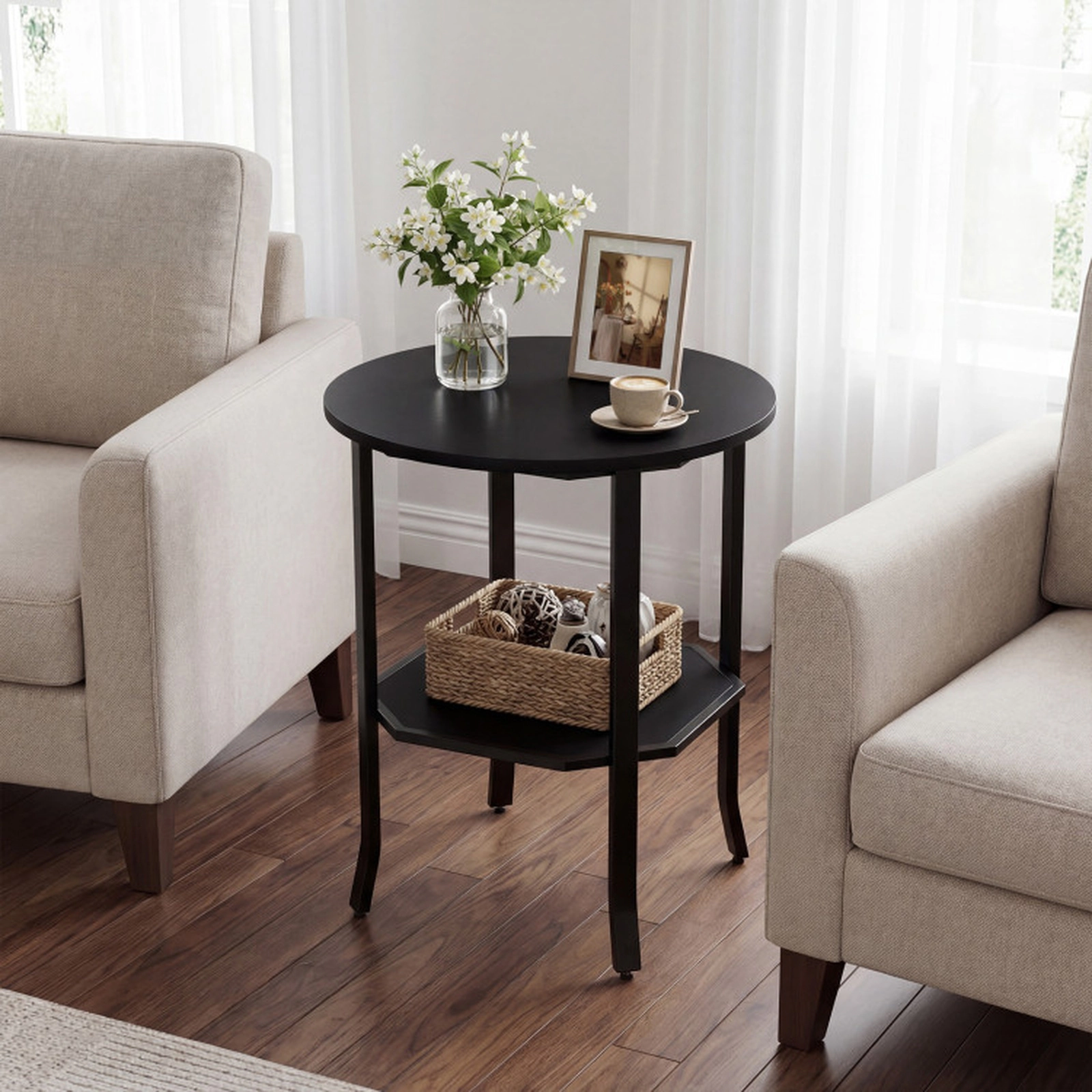 SUGIFT Storage Shelf and Carbon Steel Frame 2-Tier Black Round Side Table
