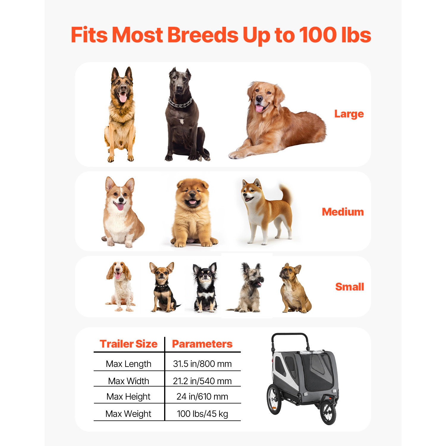 HONGGE 2-in-1 Dog Bike Trailer & Stroller, 100 lb Capacity, Built-In Leash, Foldable Frame for Large Dogs