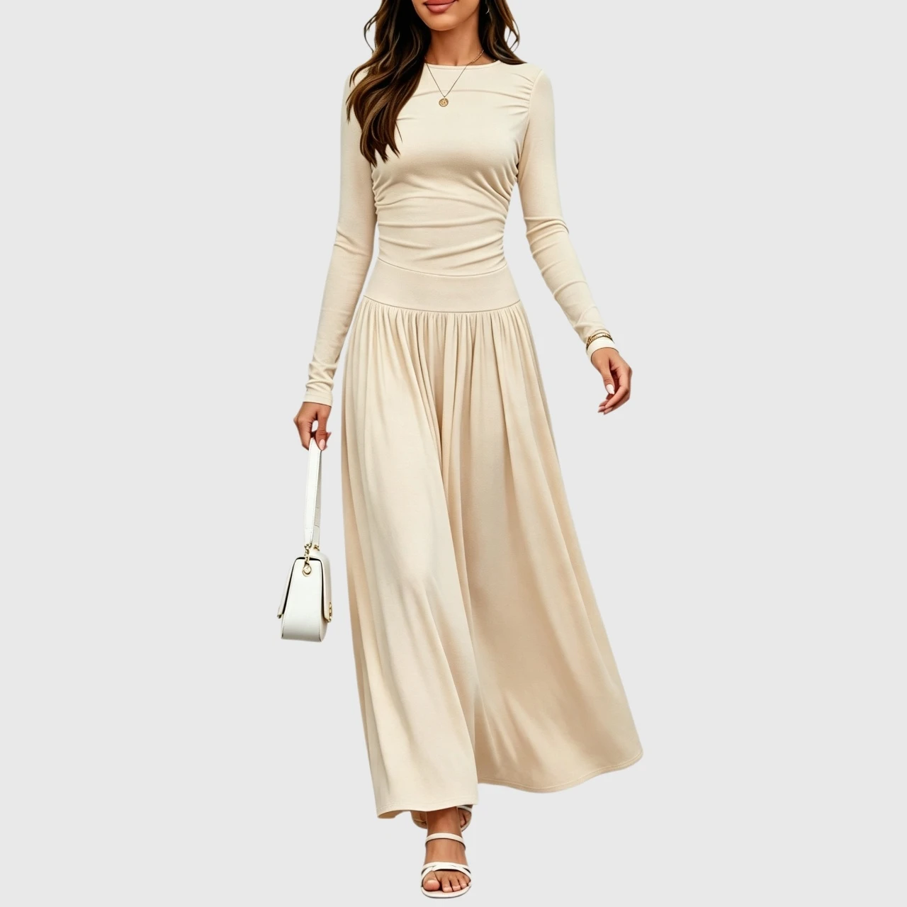 YesFashion Womens Fall Maxi Dress Casual Stretch Long Sleeve Crewneck A Line Flowy