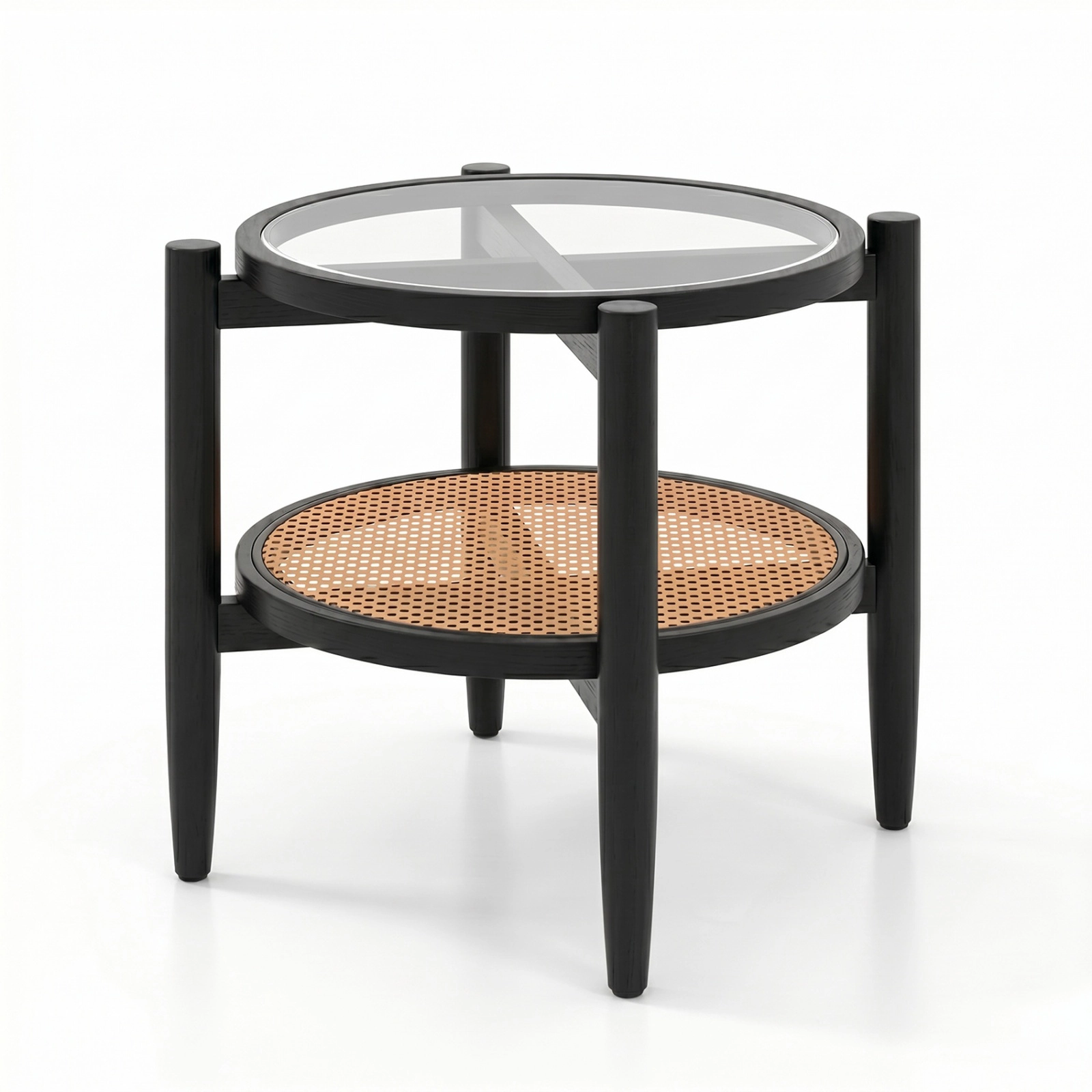 SUGIFT 22-Inch Round Boho Rattan Side Table with Tempered Glass Top and Acacia Wood Legs