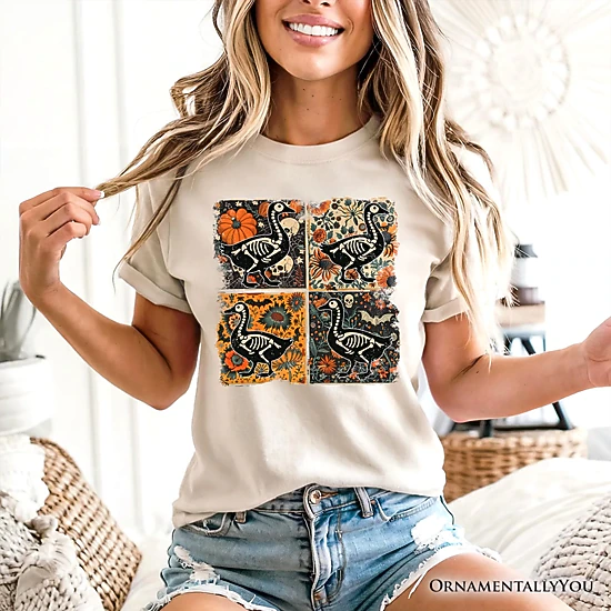 OrnamentallyYou Unisex Skeleton Goose Patchwork Floral Halloween T-Shirt