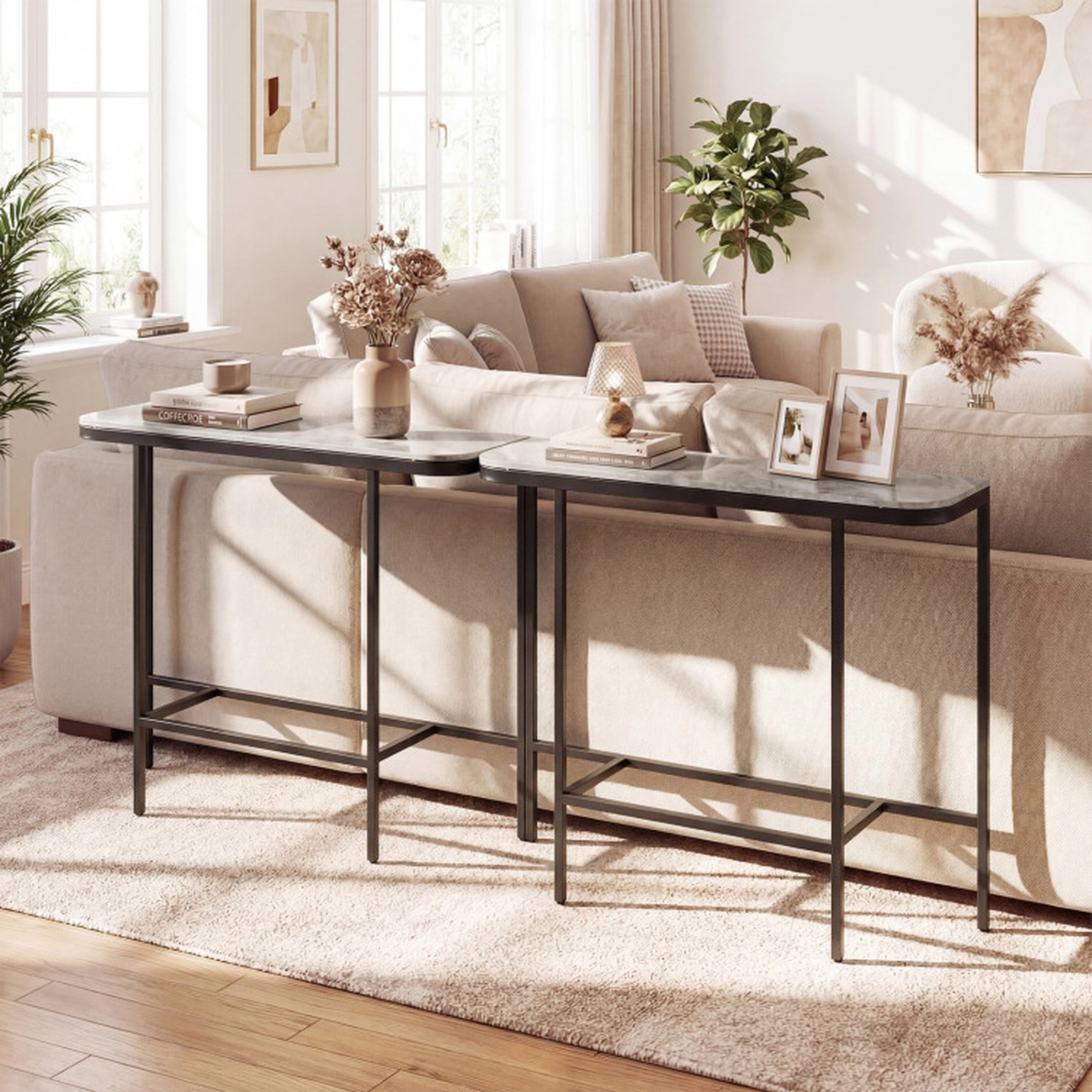 SUGIFT 44-in 12-in Narrow 66-lb Capacity Gray Sintered Stone Marble Look Console Table with Metal Frame