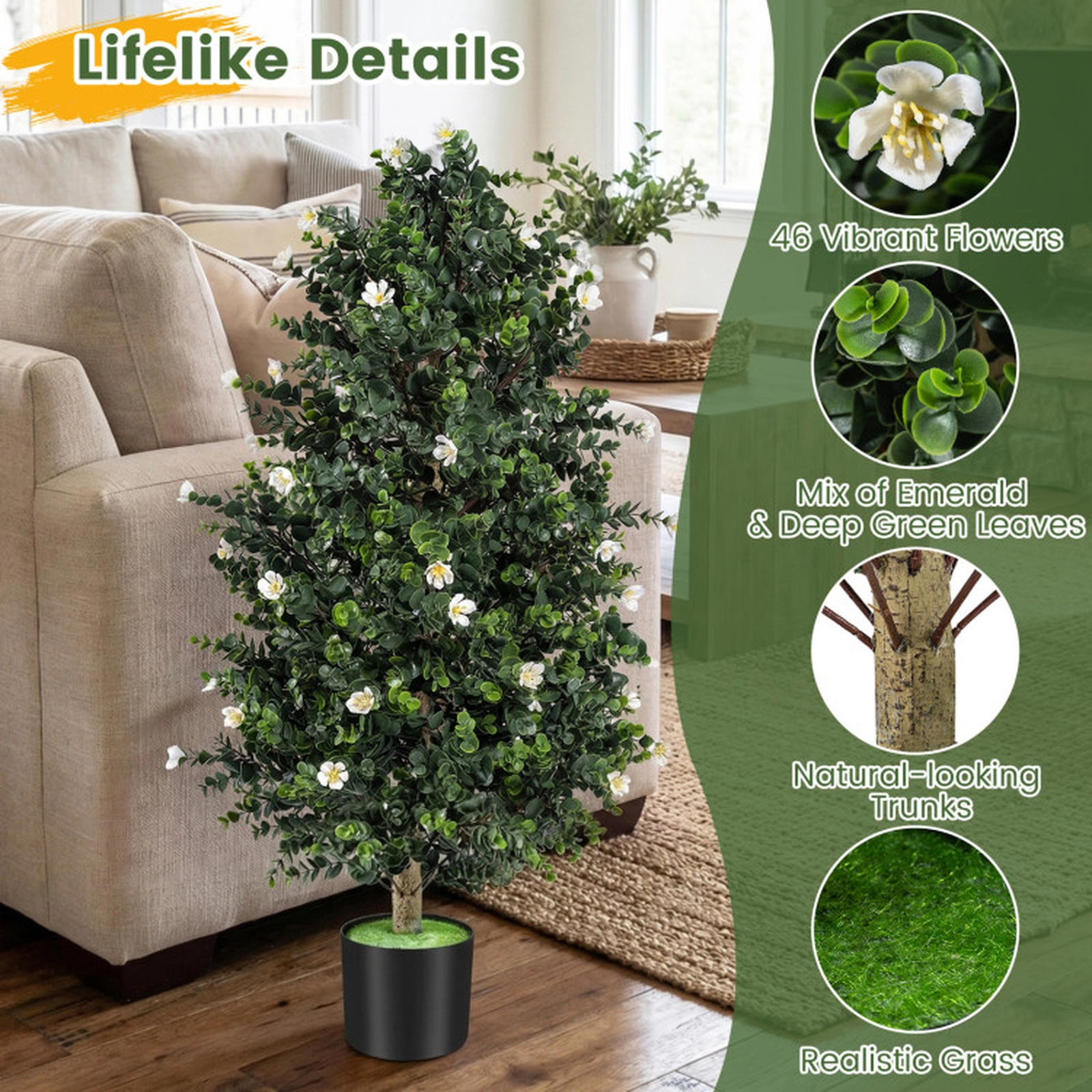 SUGIFT 2-Pack Cone Shaped 49 Blossoms Cement Pot Artificial Topiary Trees 36-in Tall 6-in Pot 16.5-lb White