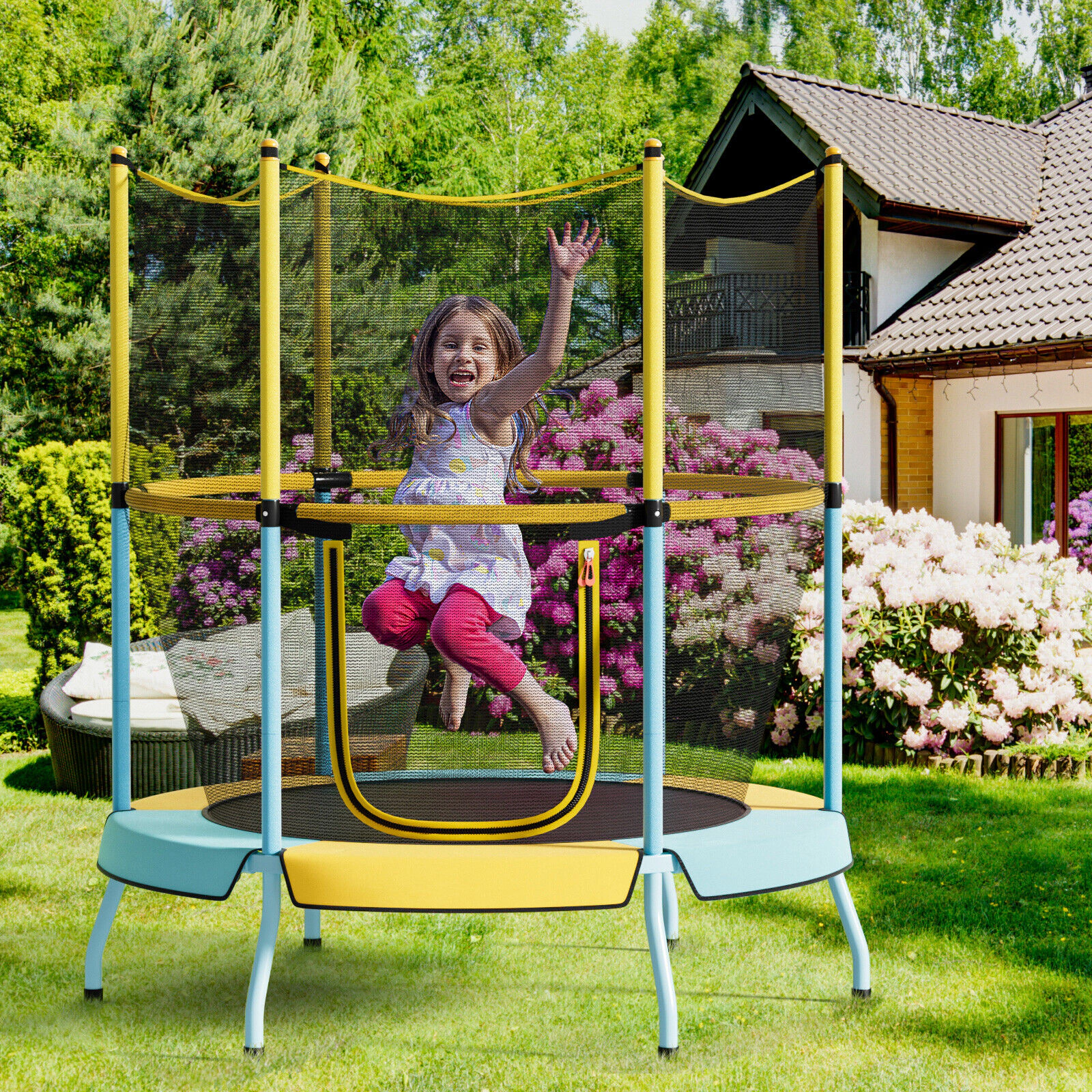 SUGIFT Toddler Yellow 48-in Trampoline with Safety Enclosure Net 52-in Dia 55.5-in H 265-lb Jumper Capacity