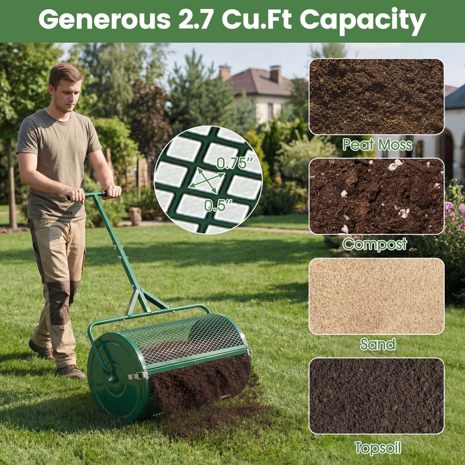SUGIFT 24 in Compost Spreader Green Peat Moss Roller with Height Adjustable T-Handle