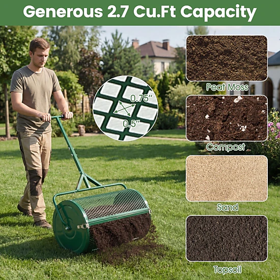 SUGIFT 24 in Compost Spreader Green Peat Moss Roller with Height Adjustable T-Handle