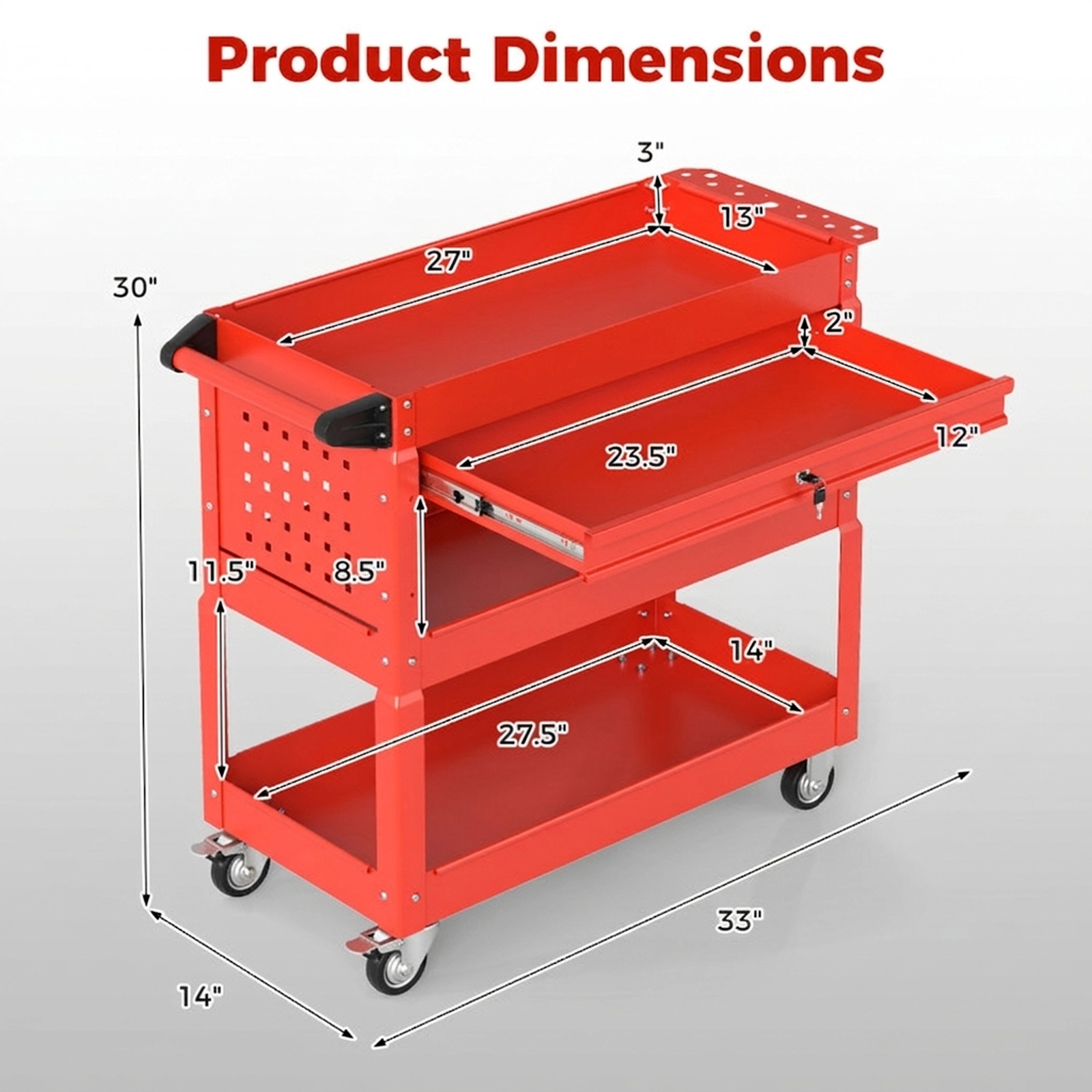 SUGIFT 3-Tier Rolling Tool Cart Shelving Unit with Lockable Drawer 350-lb Capacity Garage and Workshop Organizer Red