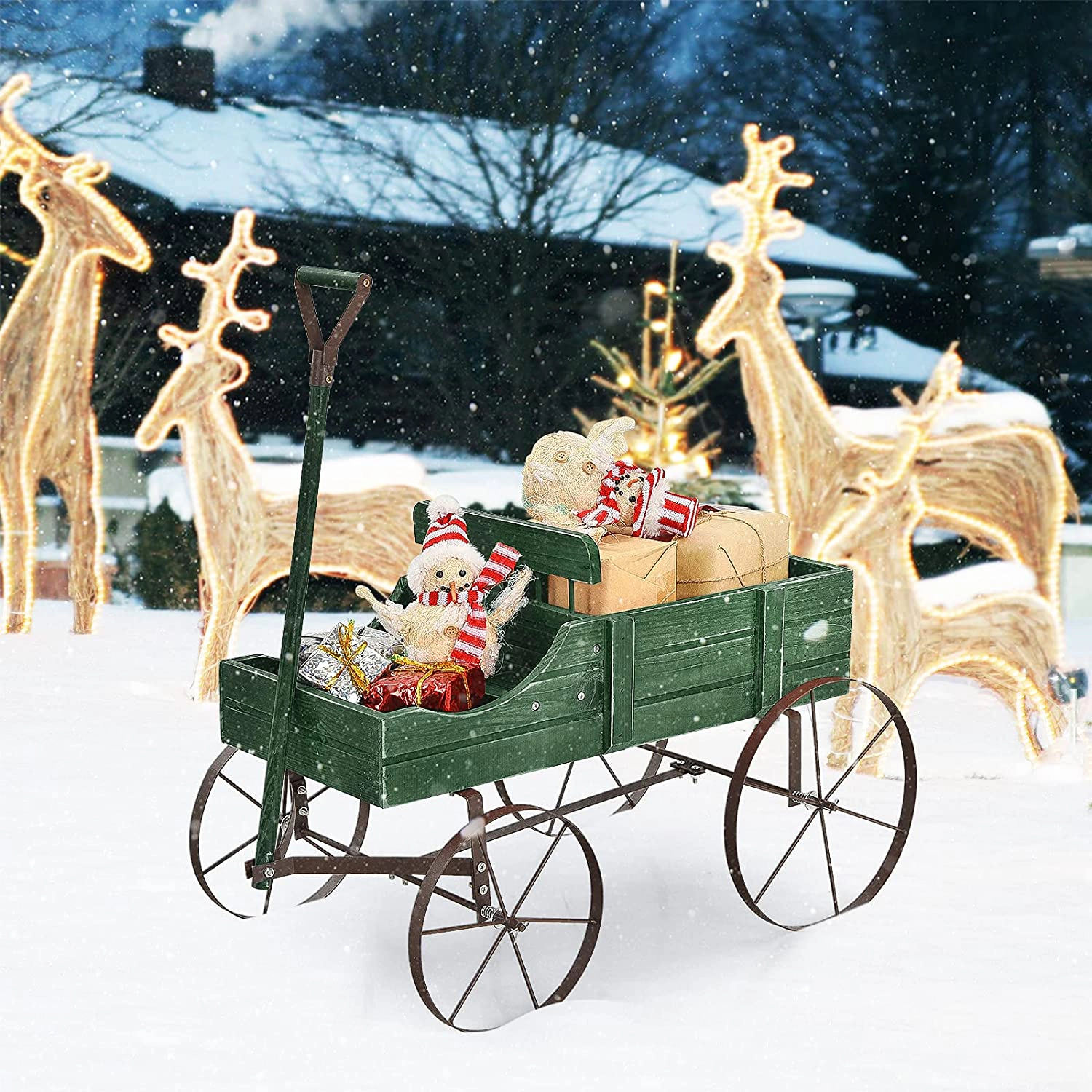 SUGIFT Red Wooden Wagon Planter with Antique Metal Wheels 24.5-in W 13.5-in D 24-in H 33-lb Cart Capacity