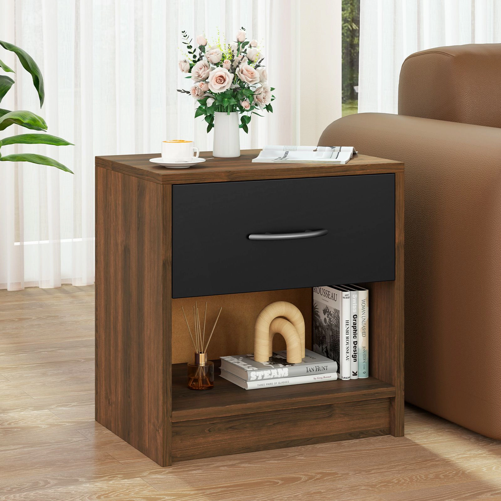 SlickBlue Modern Nightstand with Drawer and Open Storage Shelf