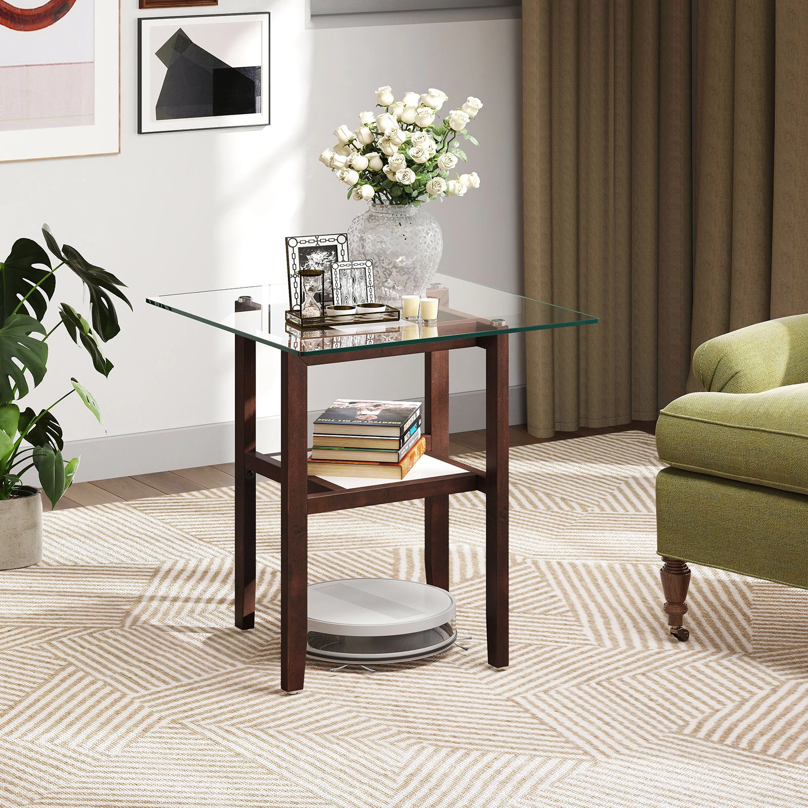 SlickBlue 24 Inch Square Glass Coffee Table with Storage Shelf