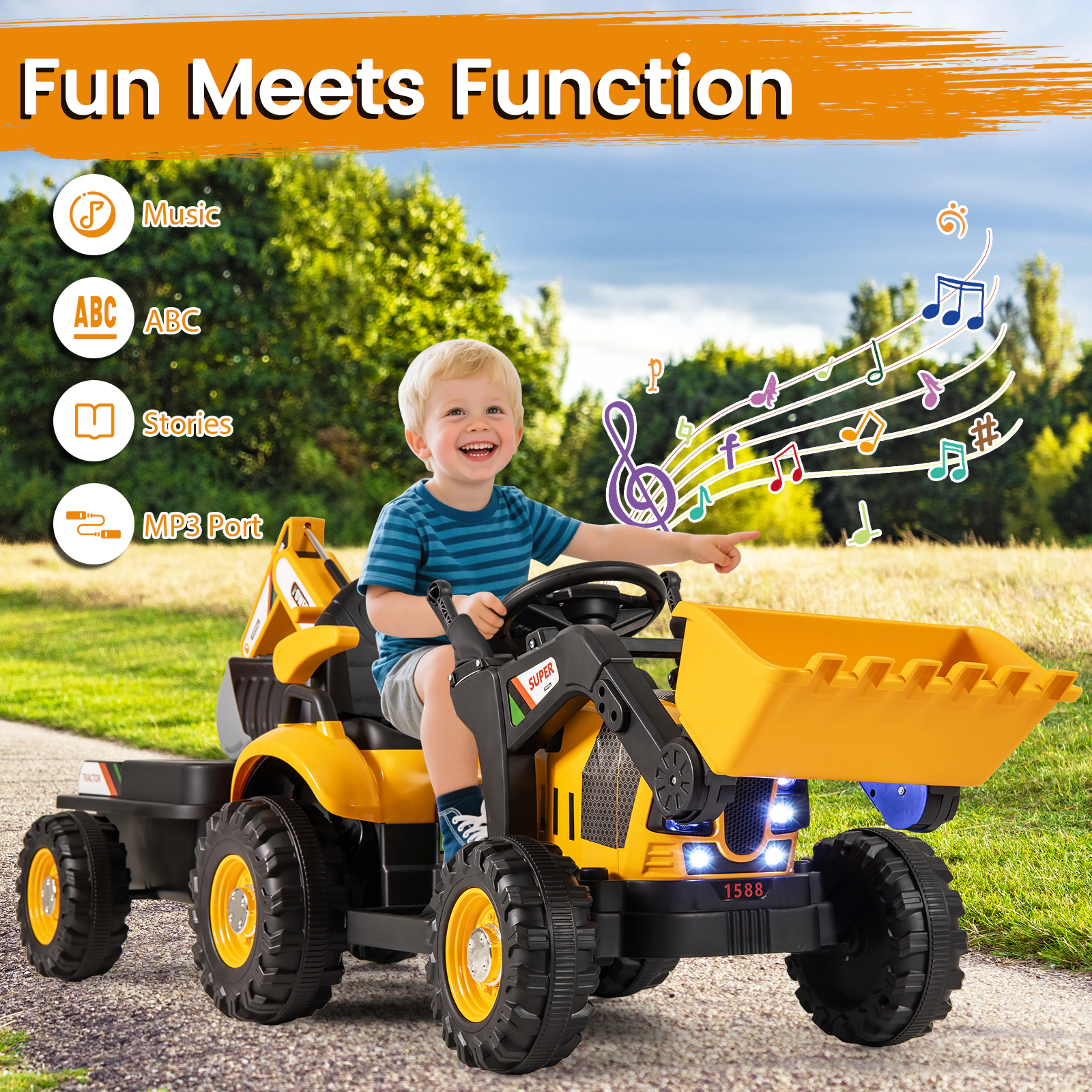 SUGIFT Kids Yellow 4-in-1 12V Ride On Tractor with Bucket Digger and Trailer 73-in W 26-in H 66-lb Rider Capacity