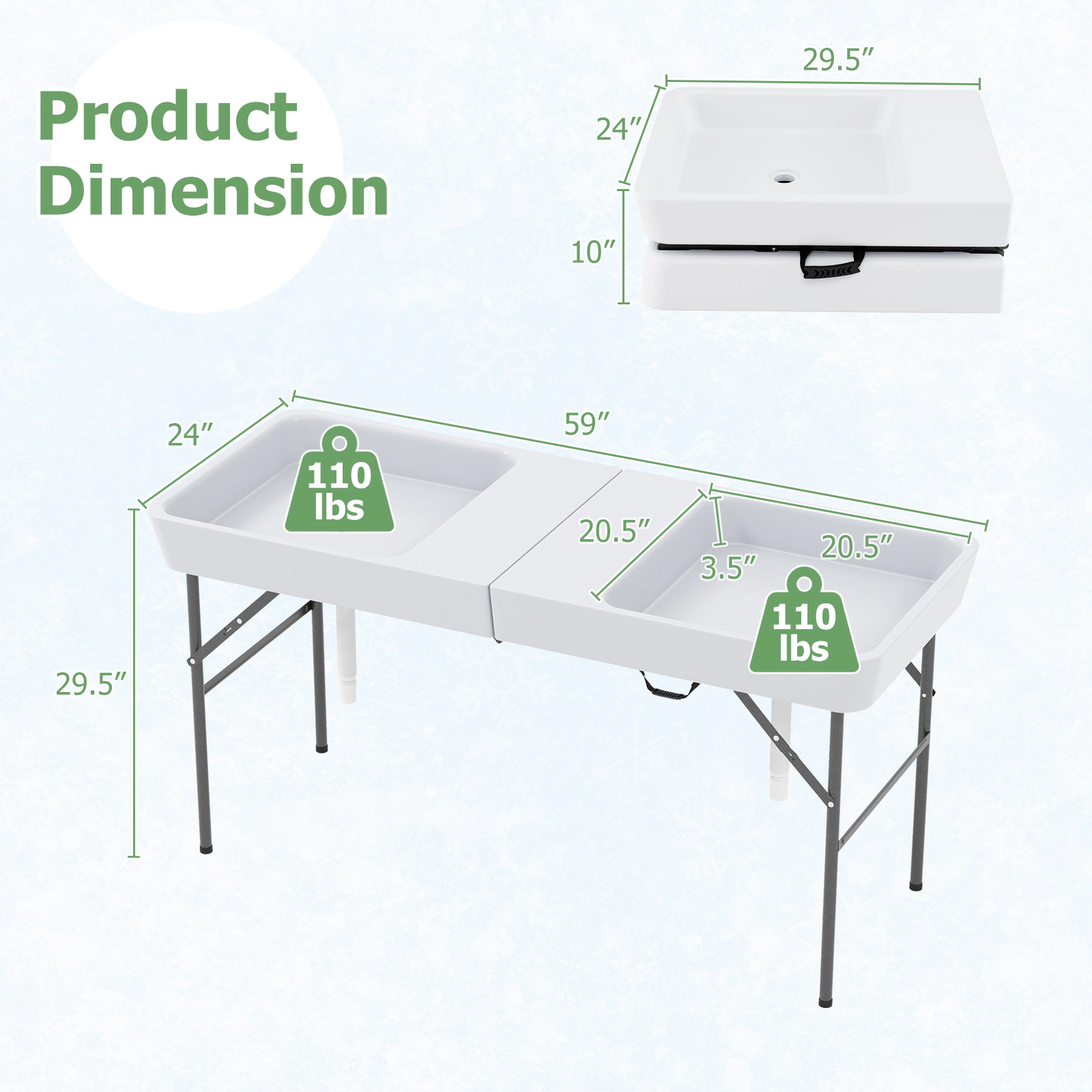 SUGIFT 5-Ft White Folding Ice Cooler Table with Double Sinks and Skirt 59-in W 24-in D 31-in H 110-lb Per Ice Bin