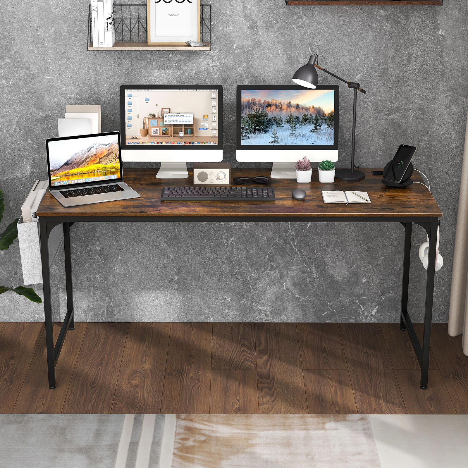 SUGIFT 64-Inch Rustic Brown Industrial Computer Desk with Power Outlet, USB Port, Storage Bag and Hook
