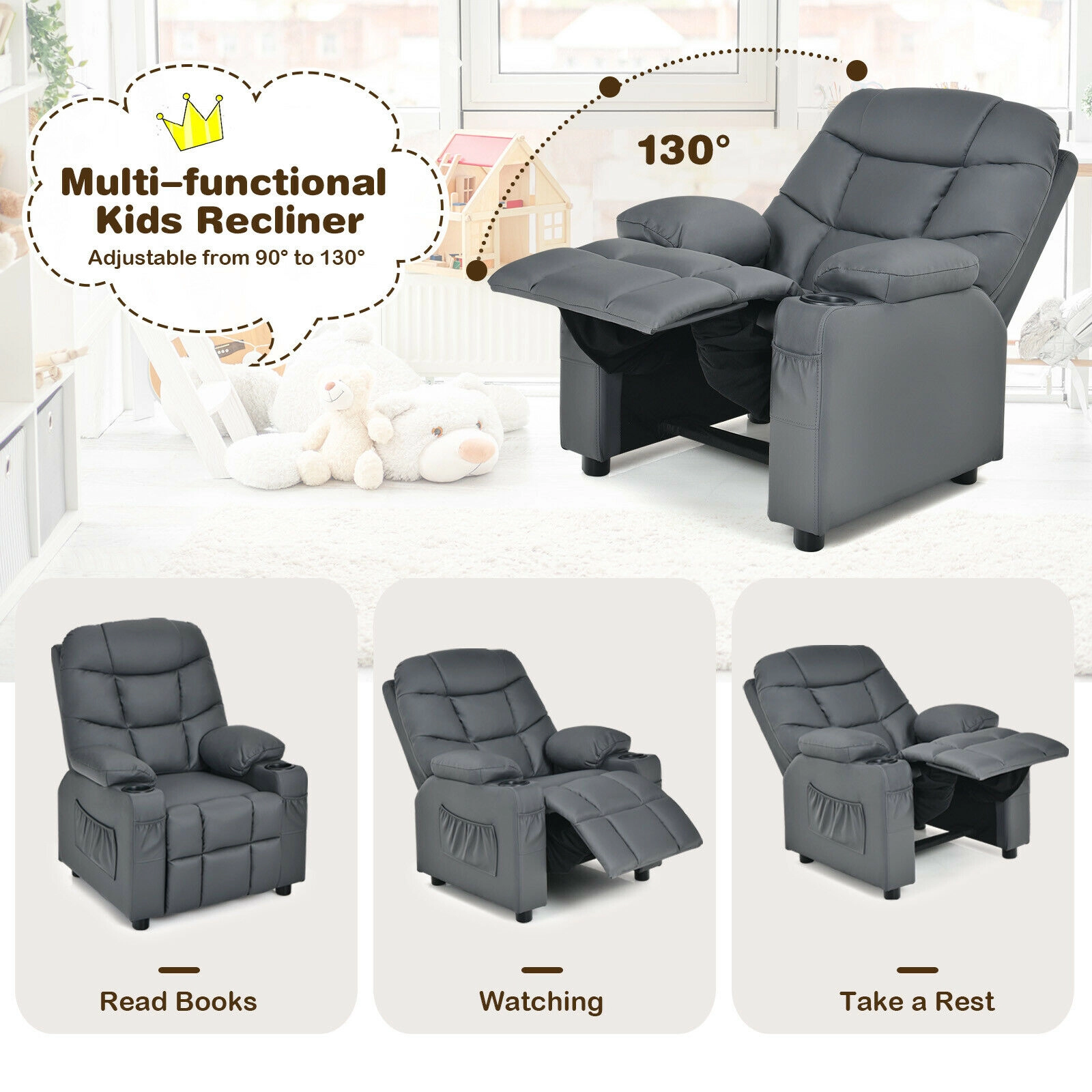SUGIFT Kids PU Leather Cup Holders Side Pockets Push Back Recliner 26-in x 28-in x 34-in 120-lb Capacity Ages 3+ Gray