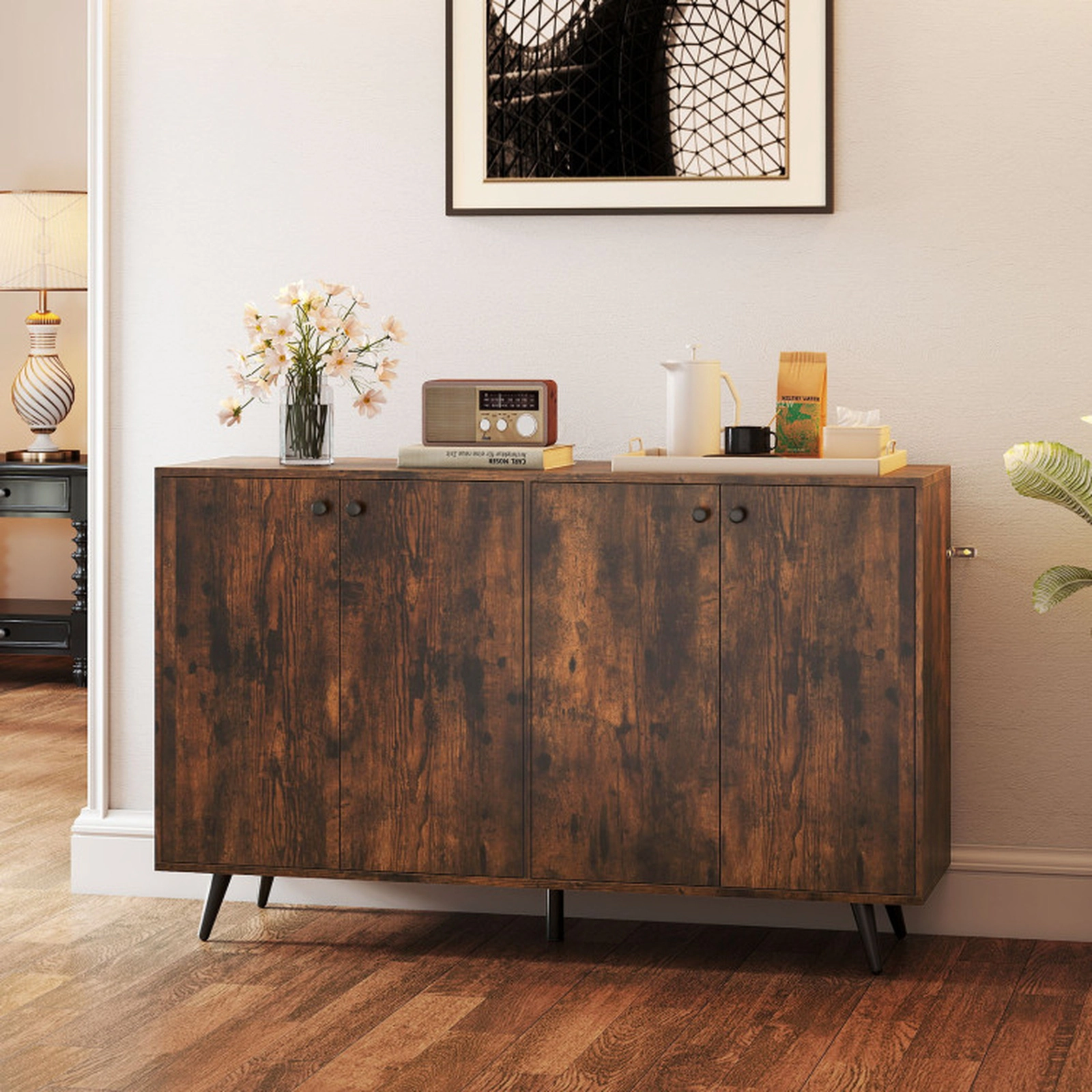 SUGIFT 4-Door Adjustable Shelves Mid Century Buffet Sideboard 50-in x 15-in x 31.5-in 90-lb Capacity Rustic Brown