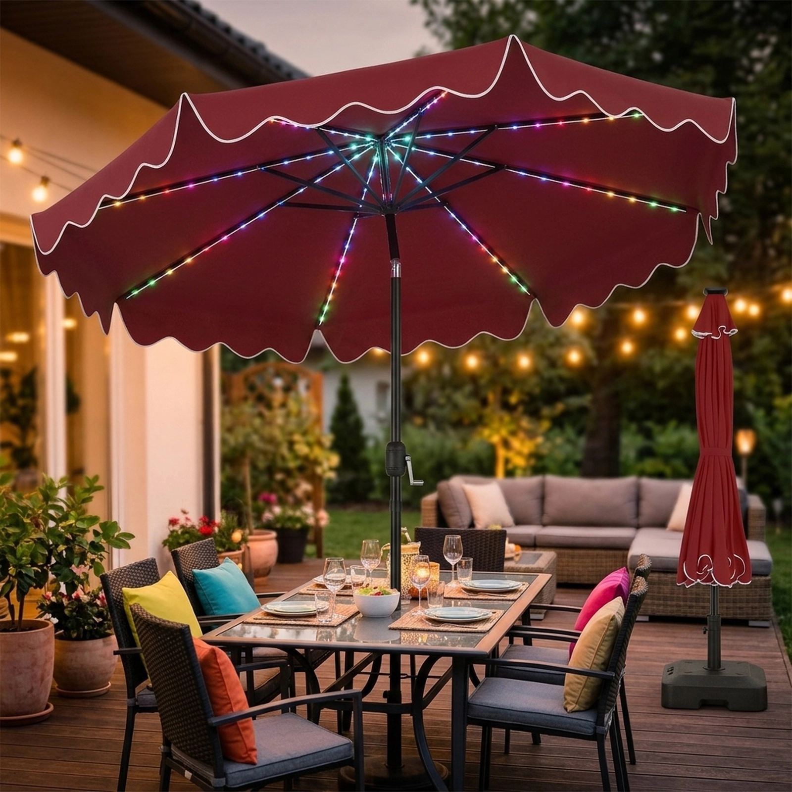 SUGIFT 104-LED Solar 9-ft Patio Umbrella with Color-Changing Lights 8.2-ft Tall with Crank and Tilt 2-Piece Wine