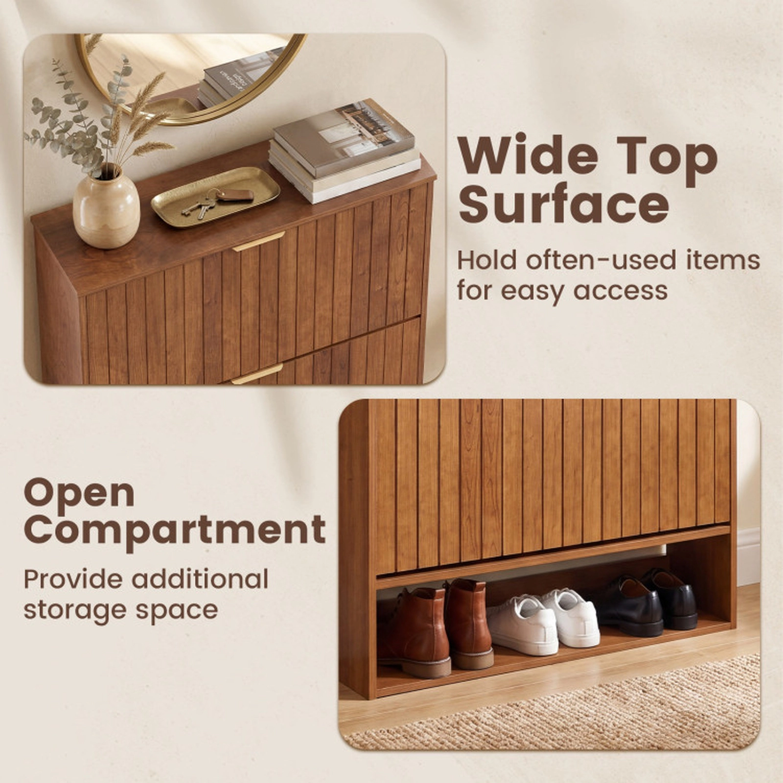 SUGIFT Walnut 40-in Tall Fluted Narrow Shoe Cabinet with 2 Flip Drawers and Open Cubby Storage