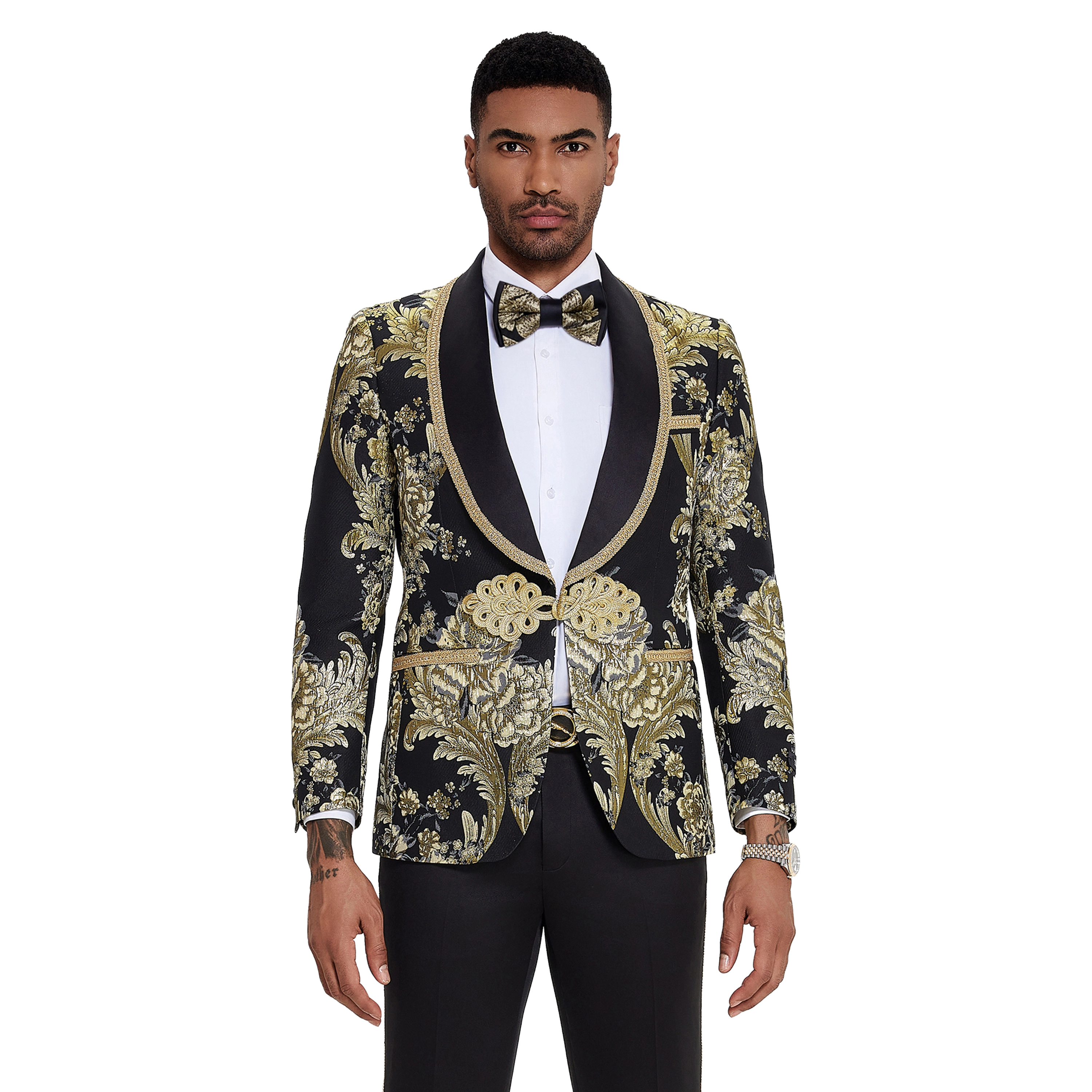 Tazzio Mens Skinny Fit Paisley Jacquard 2pc Tuxedo Set With Bowtie