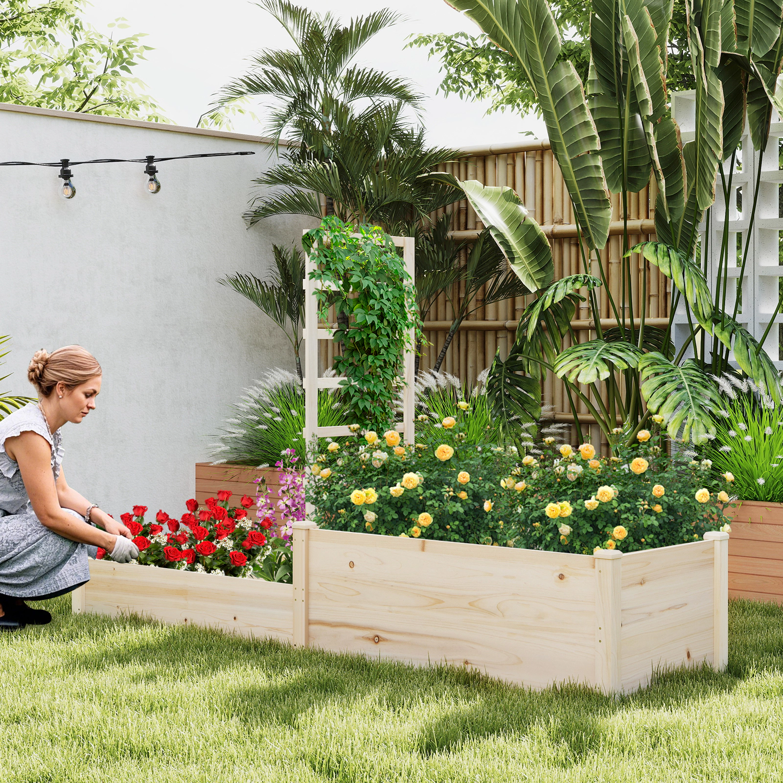 SlickBlue 2 Tier Fir Wood Garden Planter Box for Climbing Plants Flowers