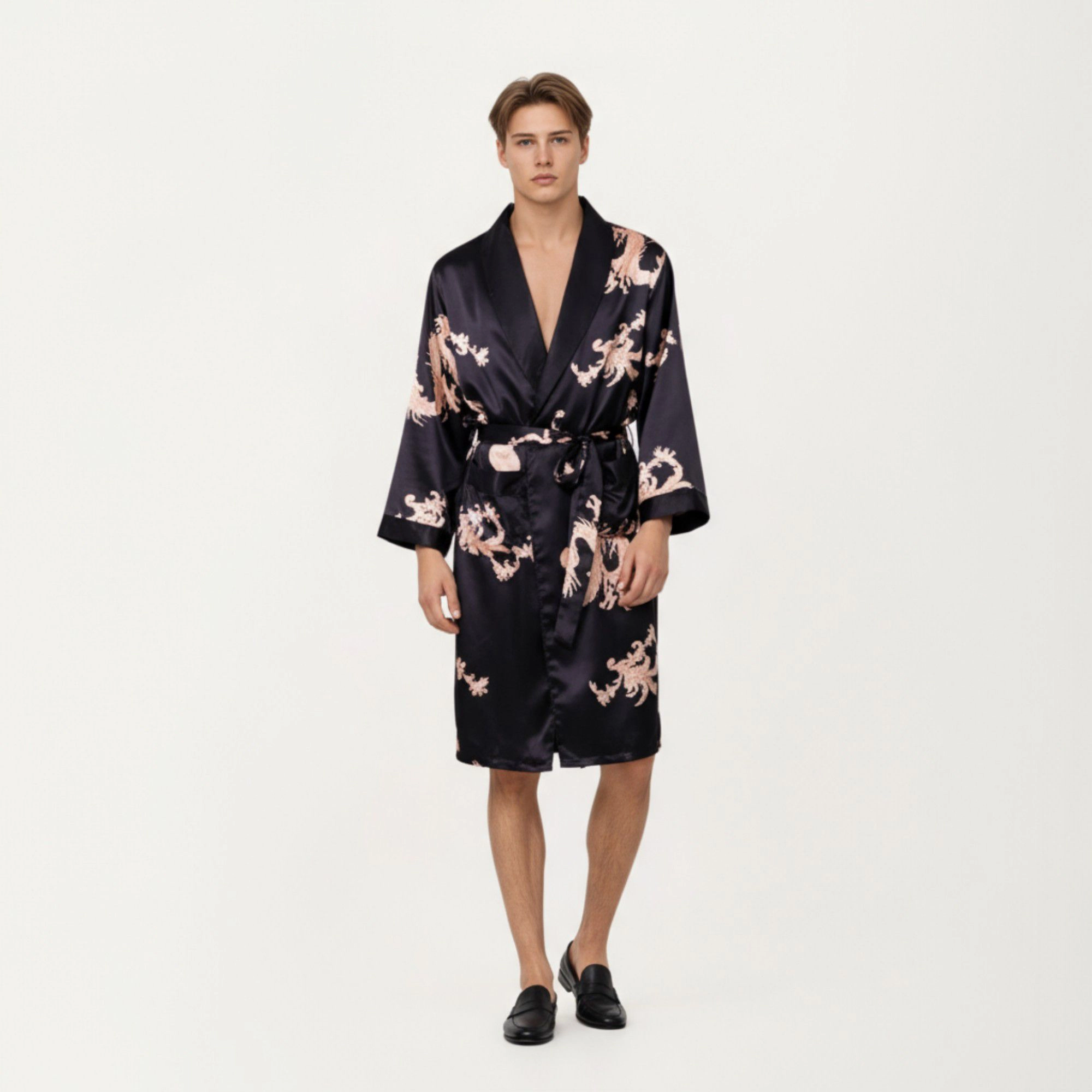 Anna-Kaci Men's Satin Robe with Baroque Print Shawl Collar and Waist Tie