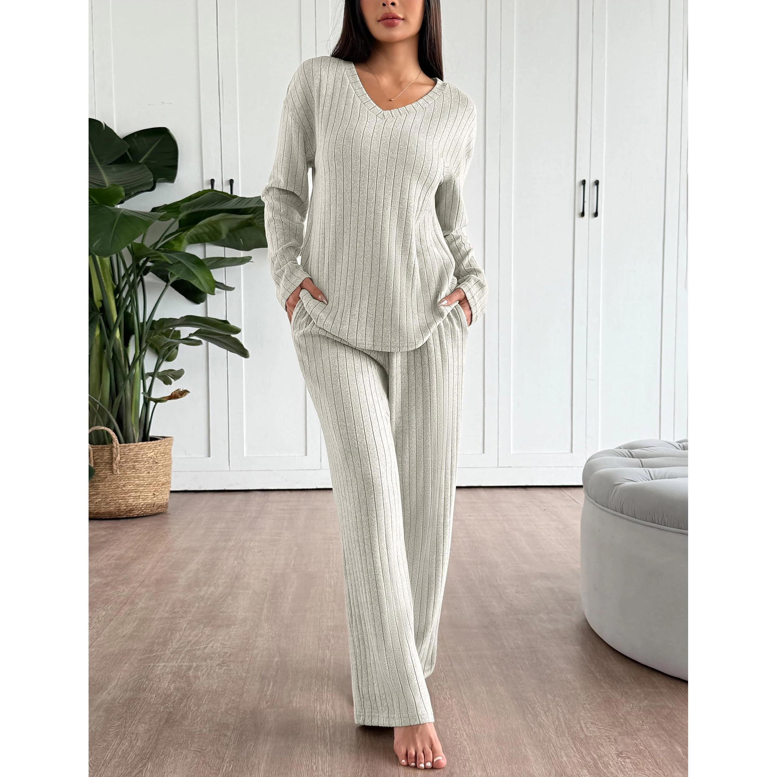 Ekouaer Lounge Sets for Womens Long Sleeve Knit Ribbed Pajama Two Piece Loungewear