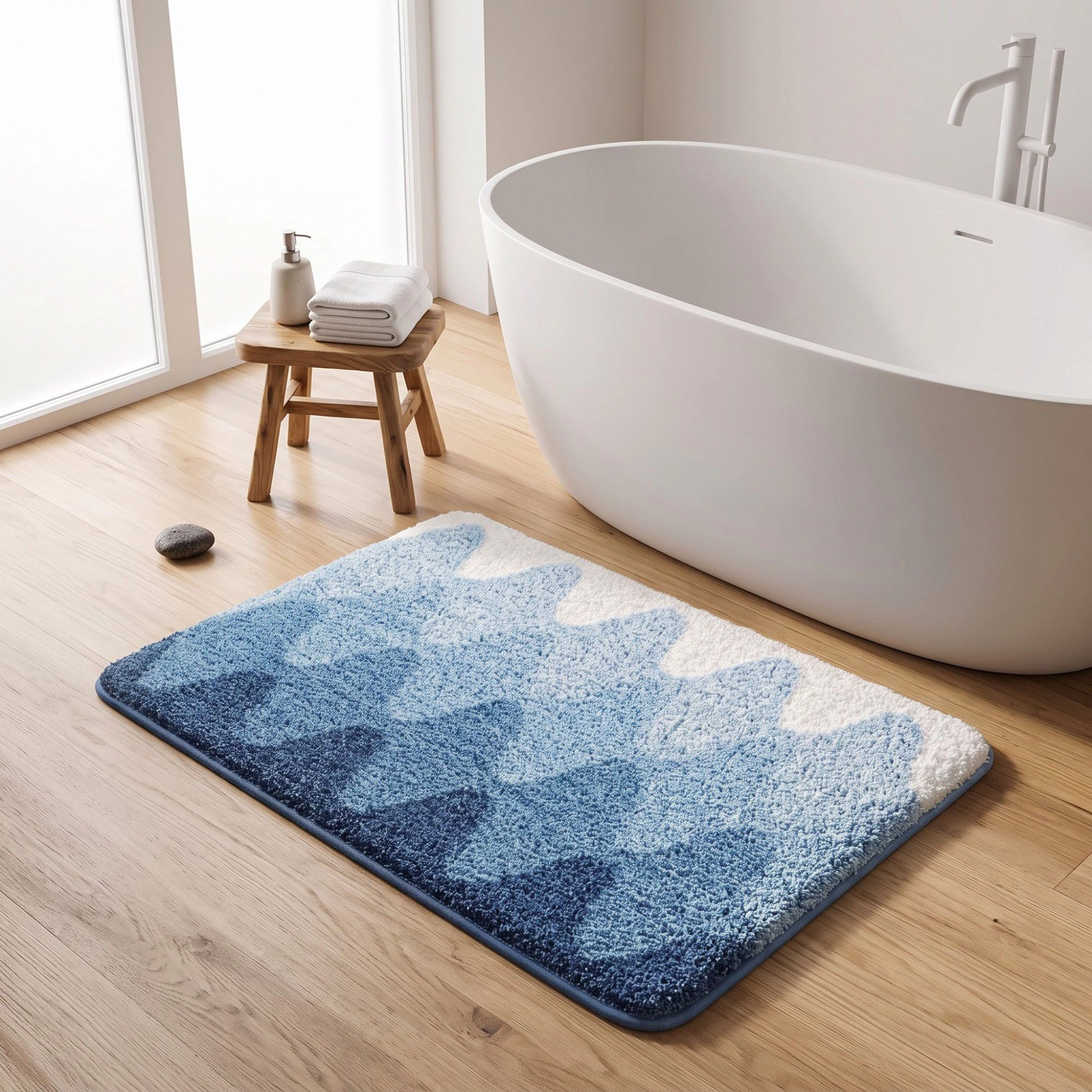 Alilang Unisex Blue Ombre Abstract Wave Plush Bathroom Mat with Soft Tufted Surface and Bound Edges