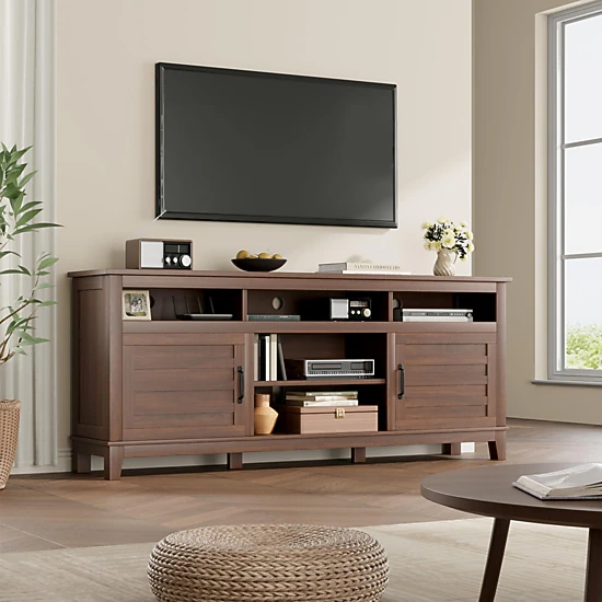 BebreezChic 70.9" TV Stand, Entertainment Center with Adjustable Shelves, Farmhouse TV Stand with Cabinet Doors