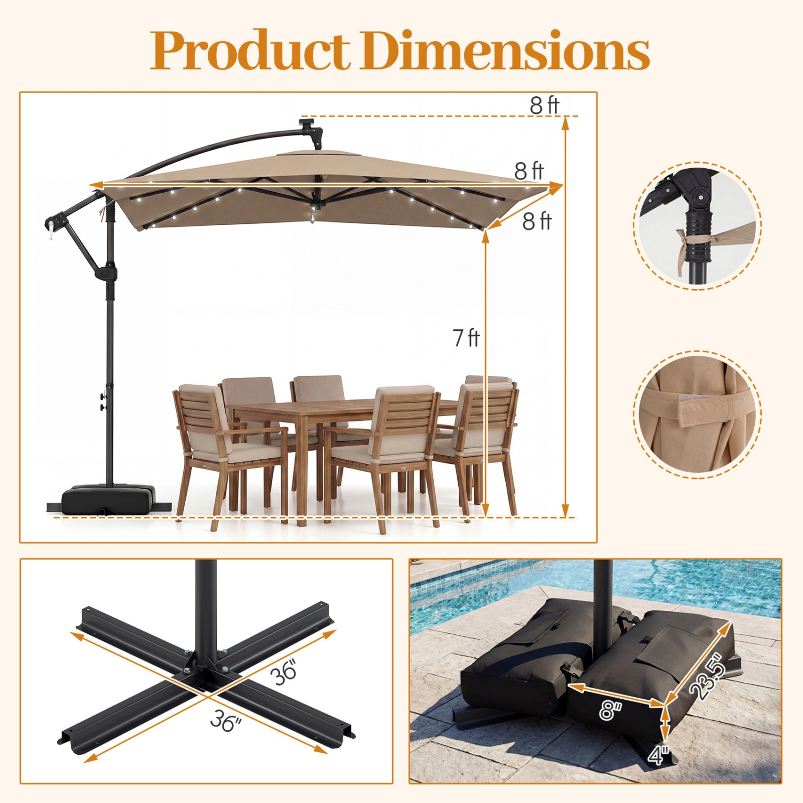 SUGIFT 8-ft Rustic Brown Square Solar LED Offset Patio Umbrella with 360-Degree Rotation and Sandbag Cross Base