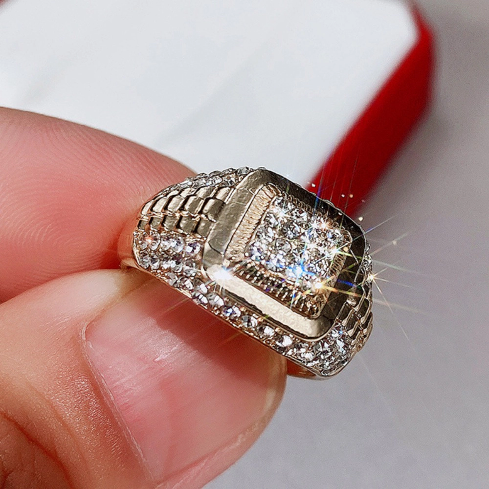 Two‑Tone Iced‑Out Square CZ Ring Hip Hop Full Pave Crystal Statement Ring