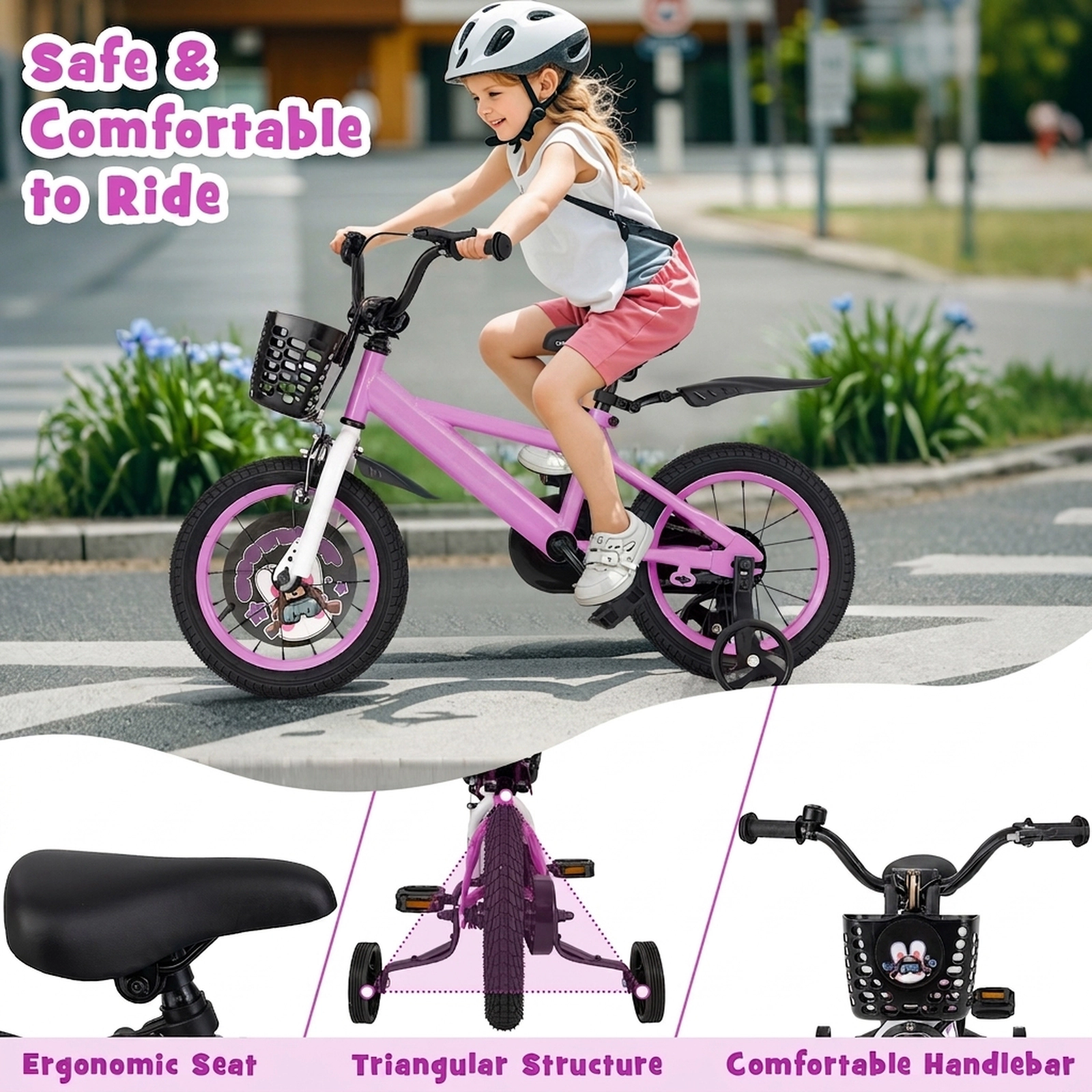SUGIFT 14-Inch Purple Kids Bike with Basket, Fenders and Removable Training Wheels