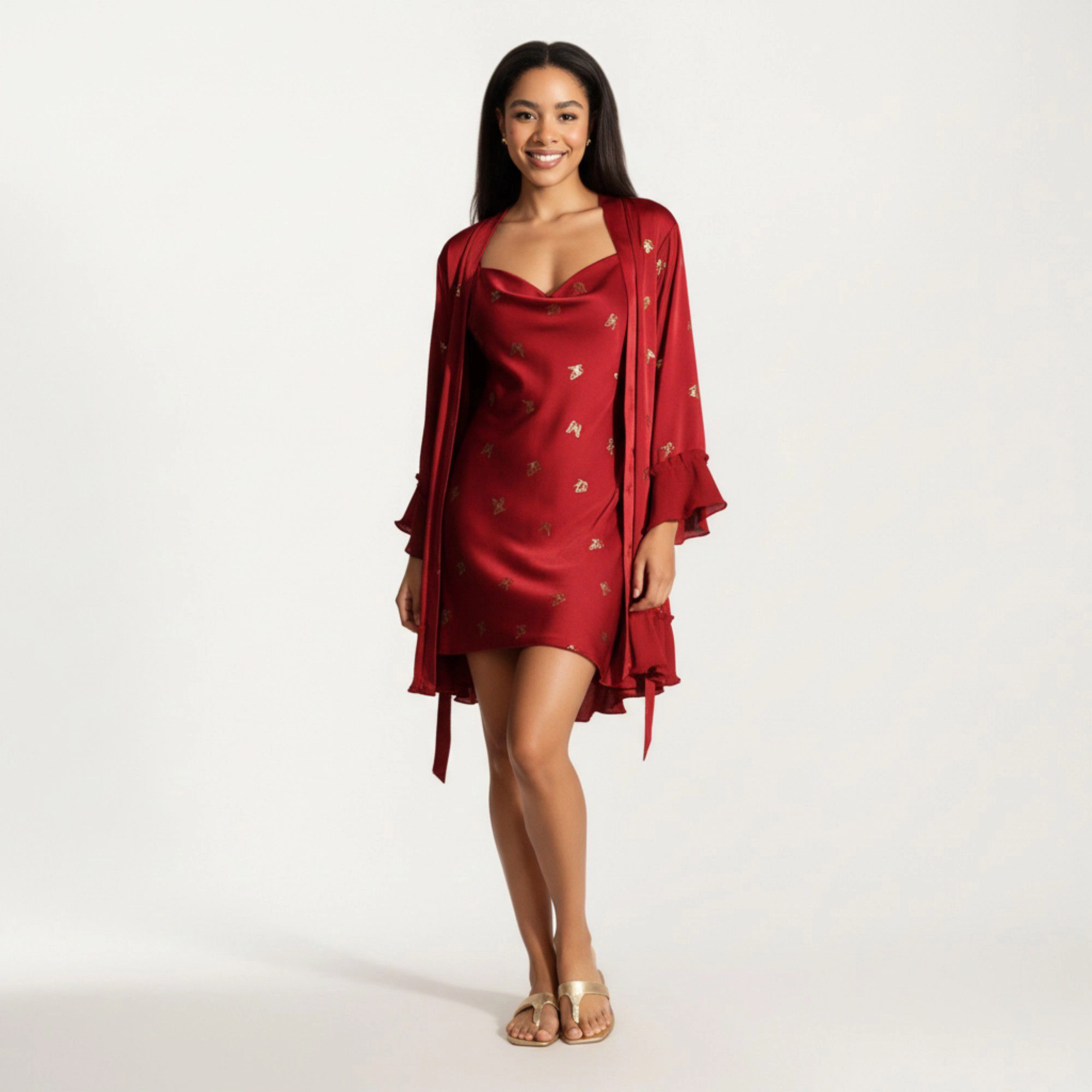Anna-Kaci Women's Satin Bow Print Slip Dress with Spaghetti Straps and Soft Draped Neckline for a Smooth Elegant Look
