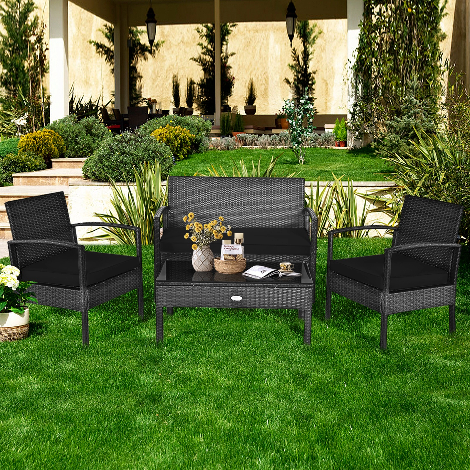 SUGIFT Tempered Glass Coffee Table 4-Piece Black Patio Rattan Cushioned Furniture Set