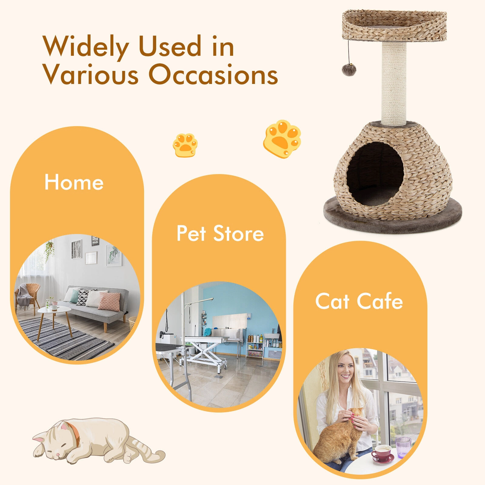 SUGIFT Coffee 28 in Hand-Made Cat Tree with Water Hyacinth Weave and Jump Platform