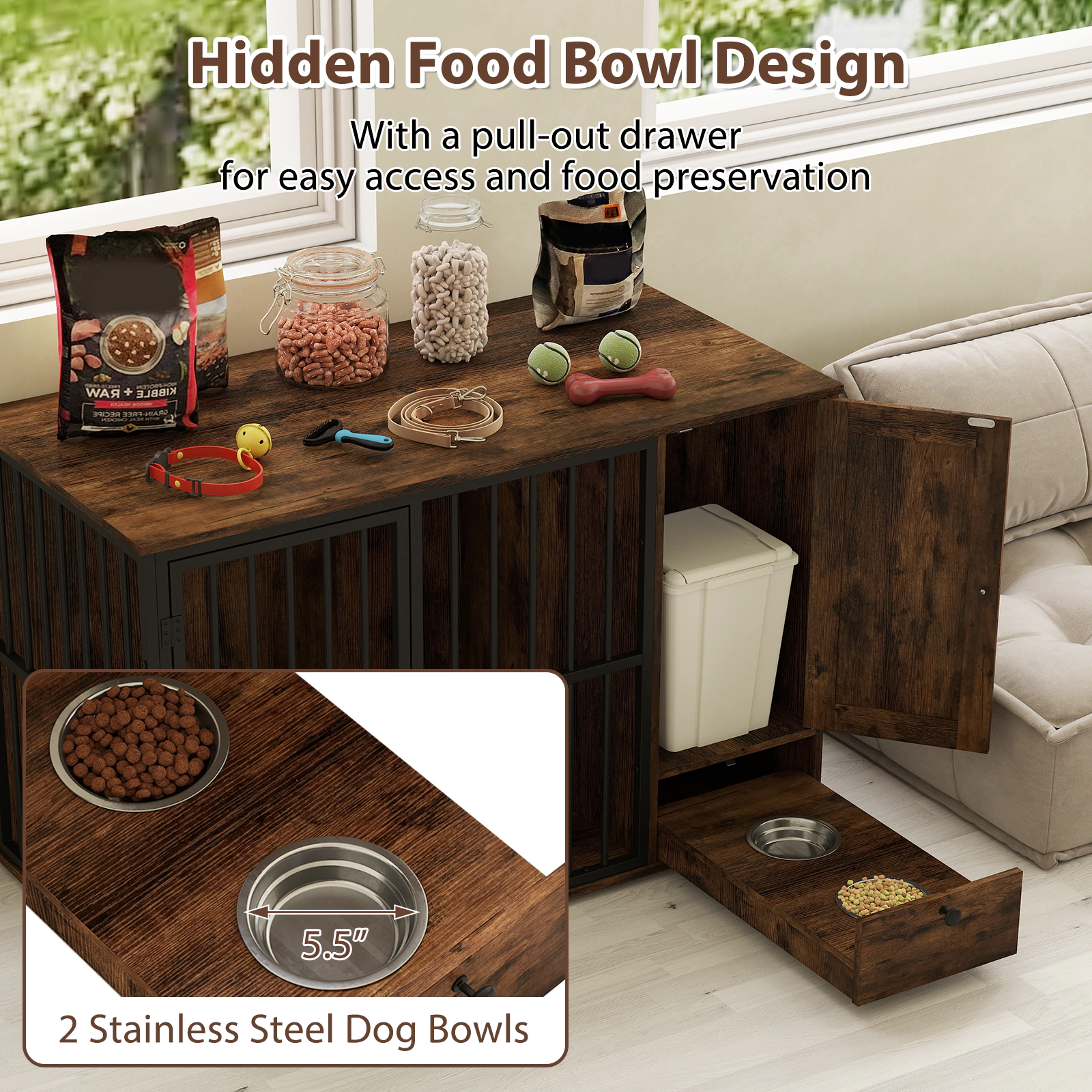 SUGIFT 47.5 in Dog Crate Furniture Rustic Brown with Hidden Pull-out Bowls and Side Cabinet