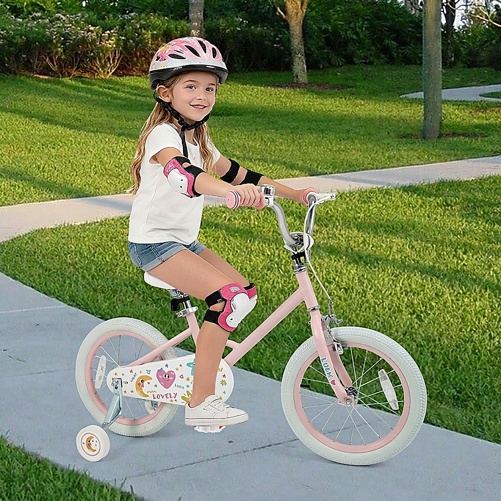 SUGIFT 16 in Kids Bike Pink Stars and Moon with Training Wheels and Adjustable Seat
