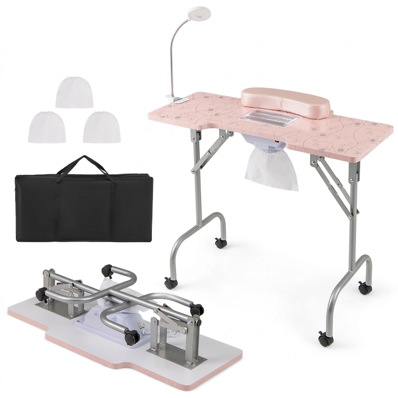 SUGIFT 66-lb Capacity Folding Manicure Table with Electric Dust Collector Bendable LED Lamp and Wrist Pad