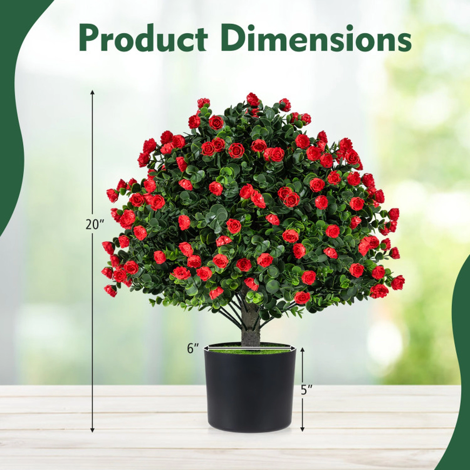 SUGIFT Set of 2 20-in Artificial Red Rose Topiary Ball Trees with Faux Grass and Cement-Filled Pots