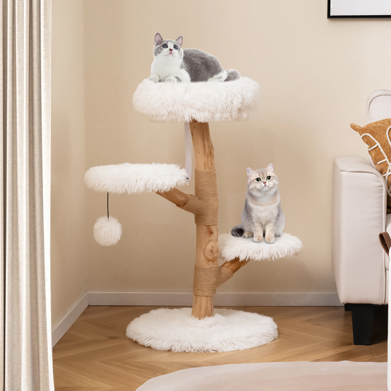 SUGIFT White Solid Pear Wood Cat Tree with 16 in Perch and Natural Jute Posts