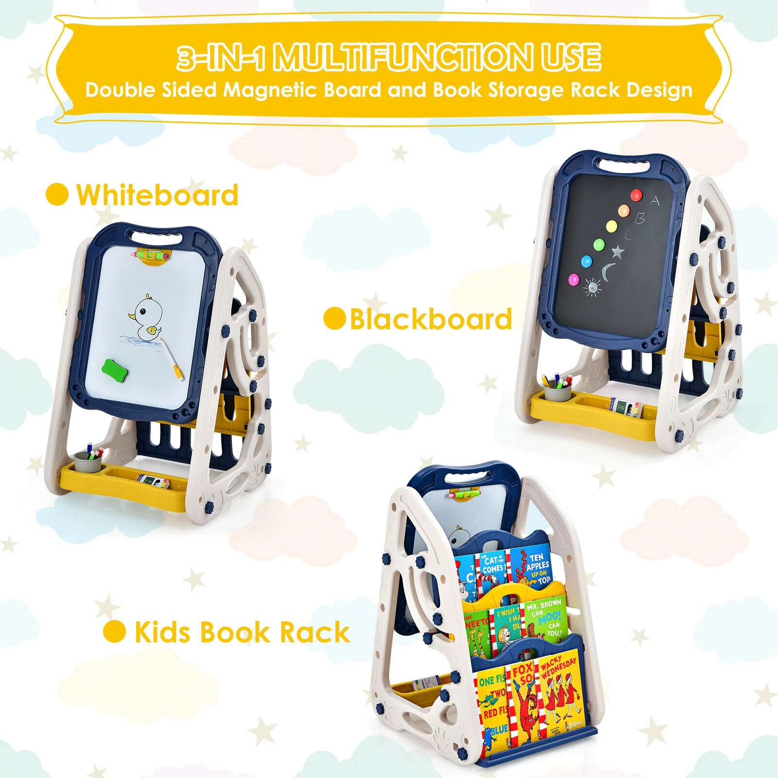 3-in-1 Kids Art Easel Double-Sided Whiteboard Chalkboard Bookshelf 32-Piece Accessory Set Ages 3 and Up Blue
