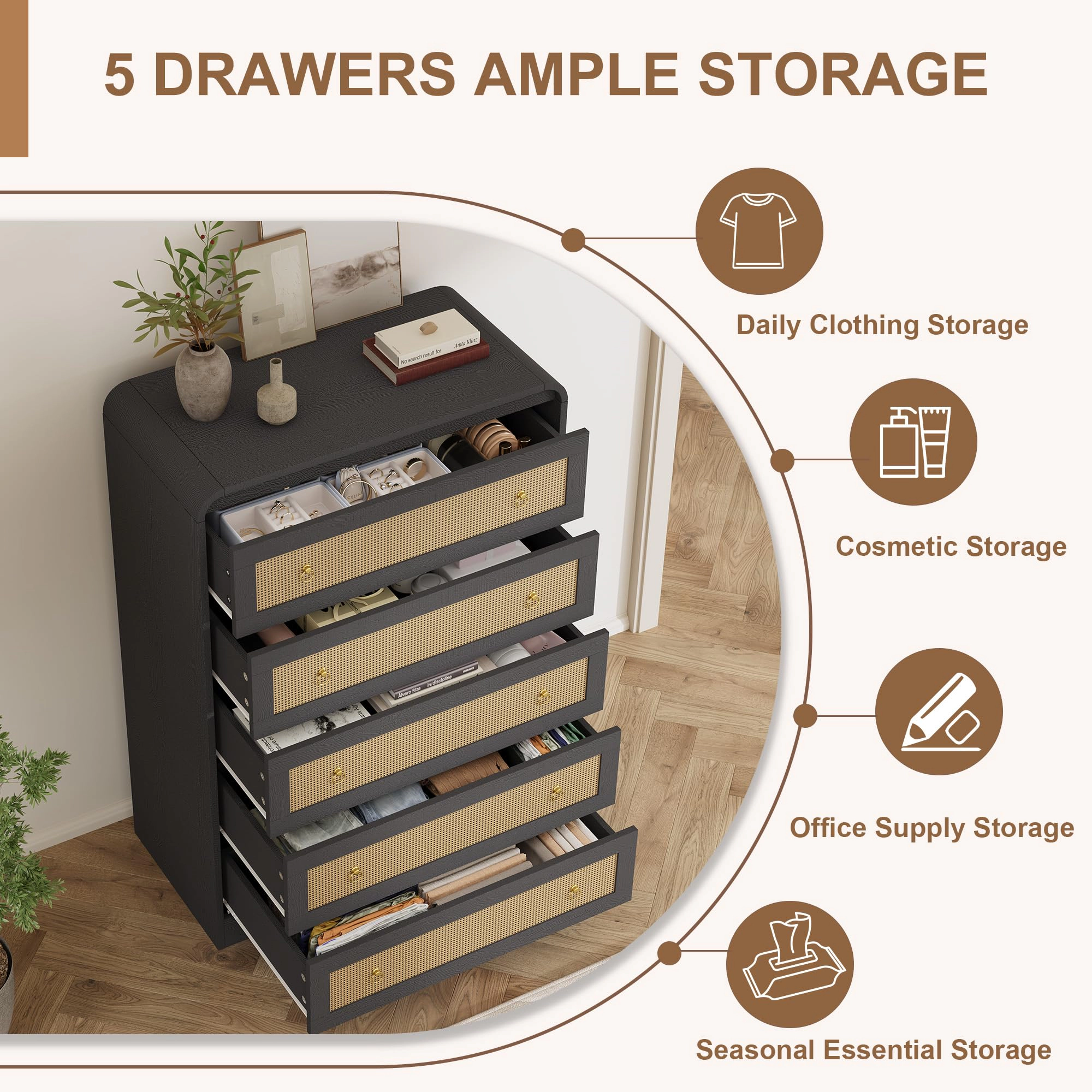 5 Drawer Rattan Dresser with Rounded Corners, 31" Tall Modern Wooden Storage Cabinet for Bedroom Living Room
