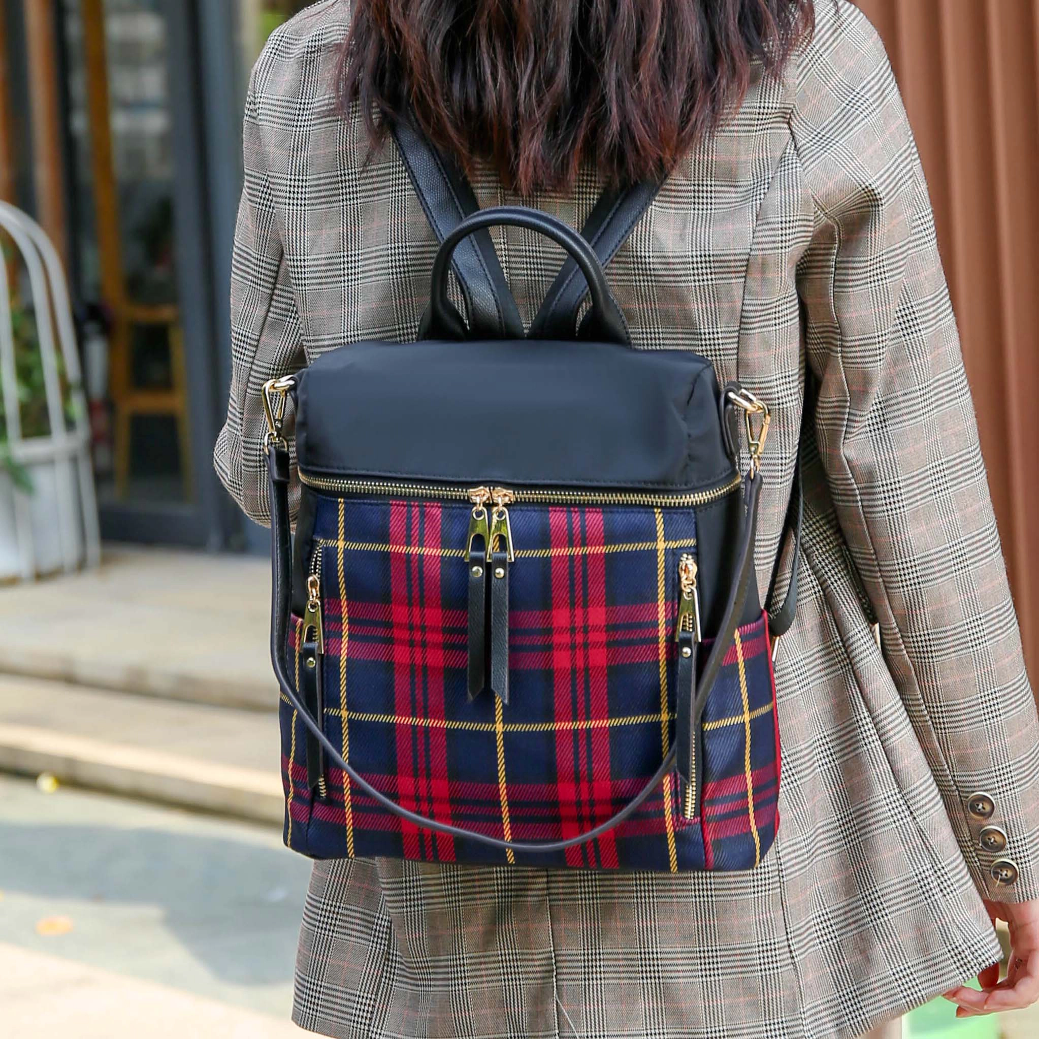 Mia K Collection Nishi Plaid Nylon Backpack with Removable Shoulder Strap - Mustard