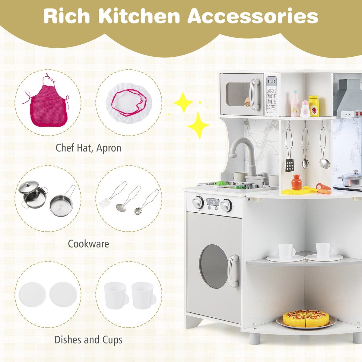 SUGIFT Gray Range Hood Auto Water Circulation and Chef Set Kids Corner Wooden Play Kitchen